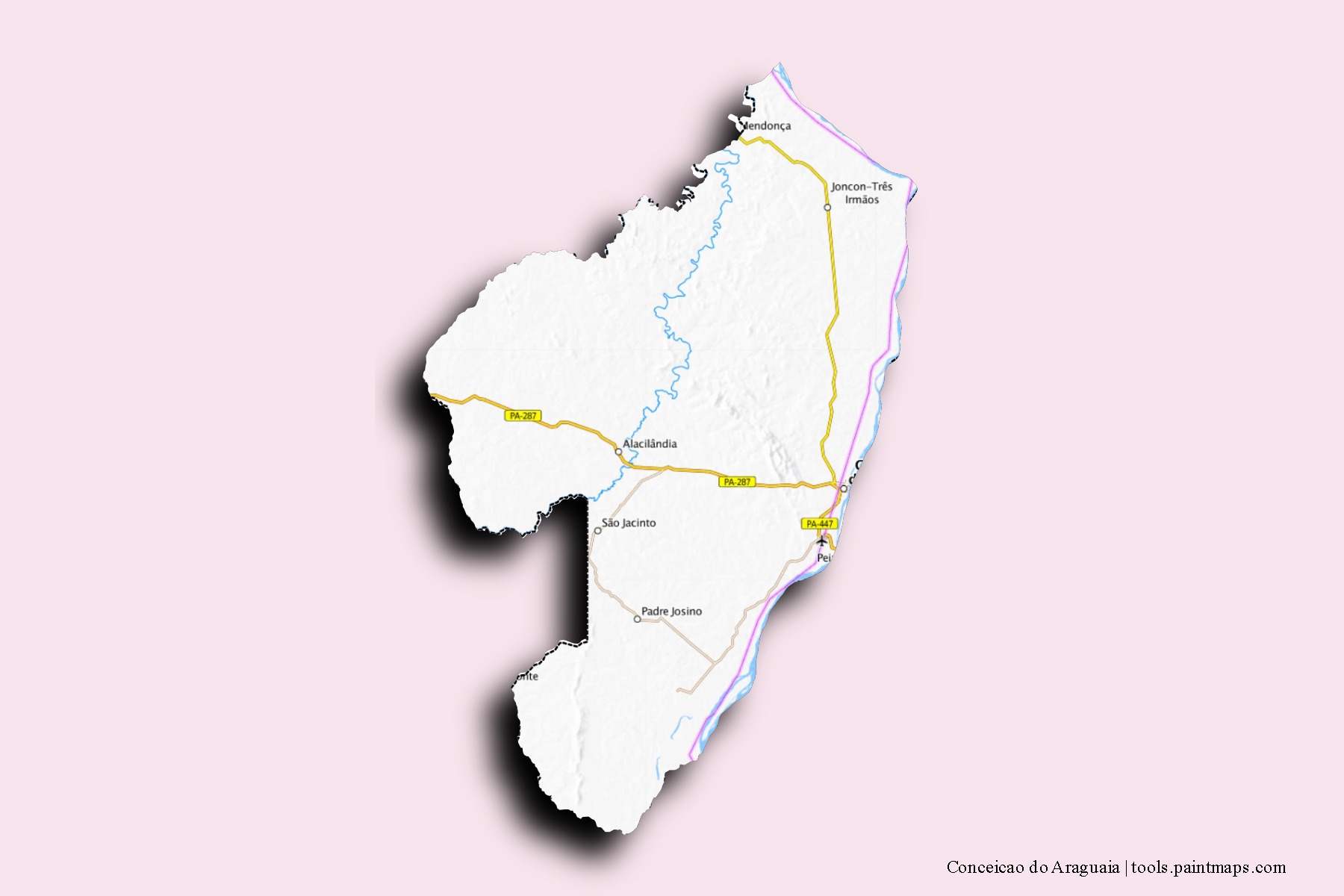 Mapa de barrios y pueblos de Conceicao do Araguaia con efecto de sombra 3D