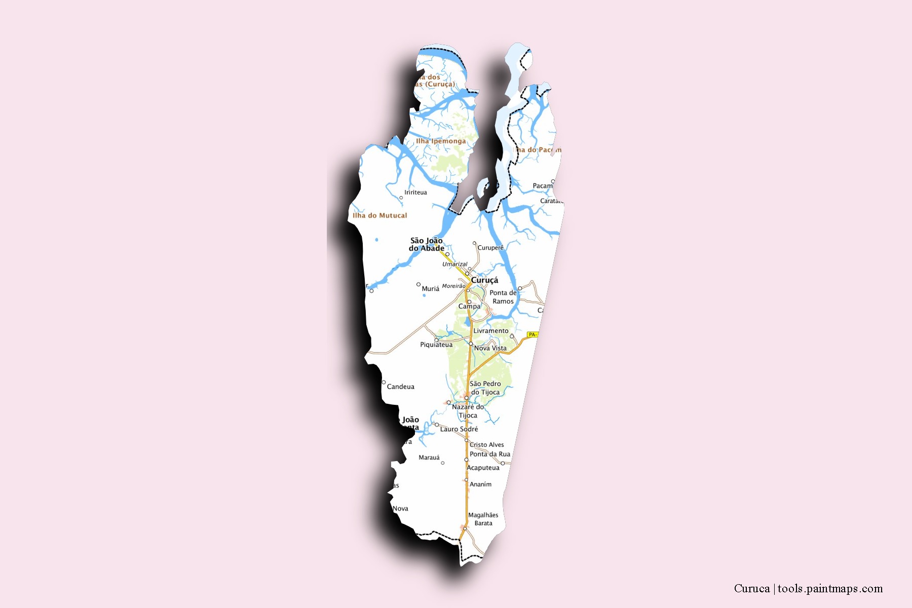 Mapa de barrios y pueblos de Curuca con efecto de sombra 3D