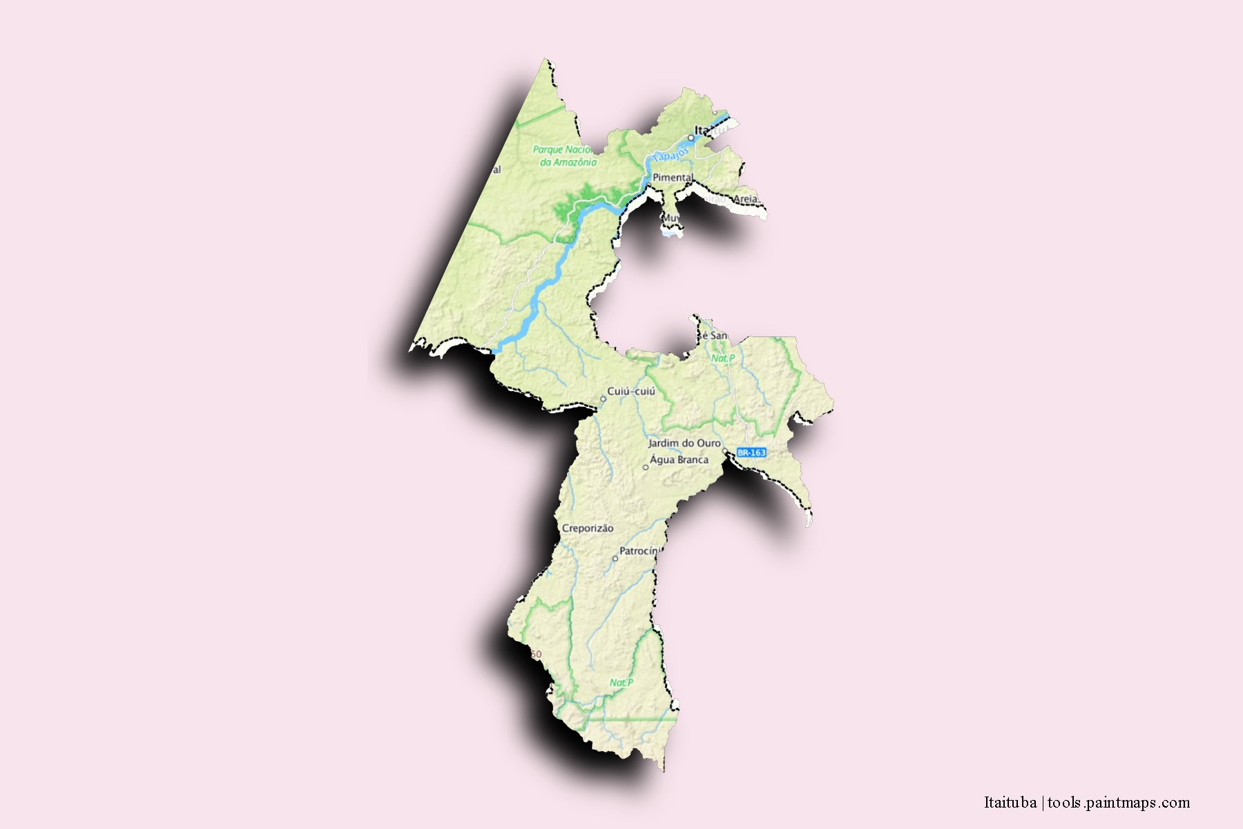 Mapa de barrios y pueblos de Itaituba con efecto de sombra 3D