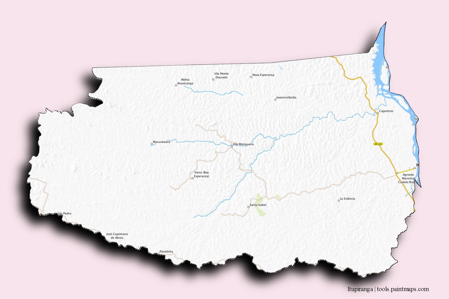Mapa de barrios y pueblos de Itupiranga con efecto de sombra 3D