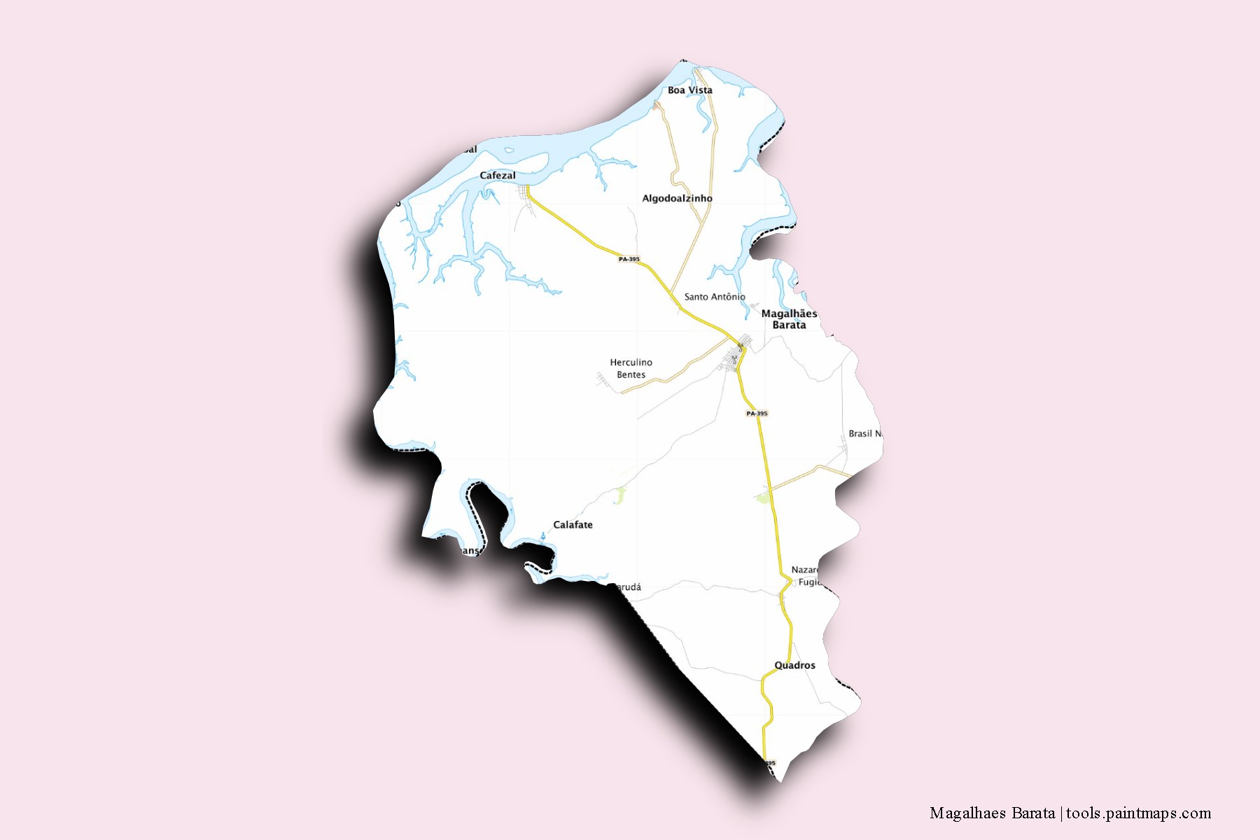 Mapa de barrios y pueblos de Magalhaes Barata con efecto de sombra 3D