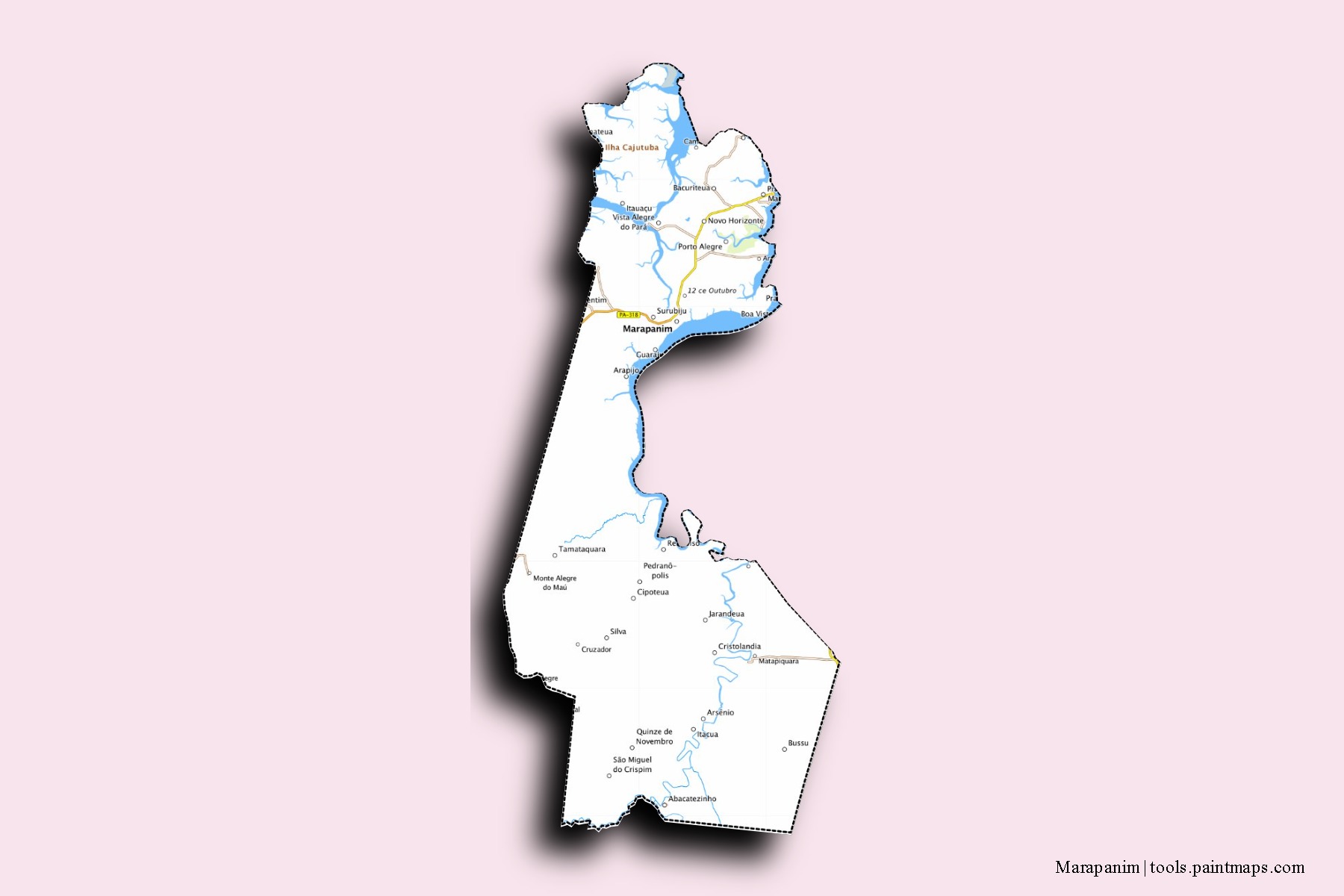 Mapa de barrios y pueblos de Marapanim con efecto de sombra 3D