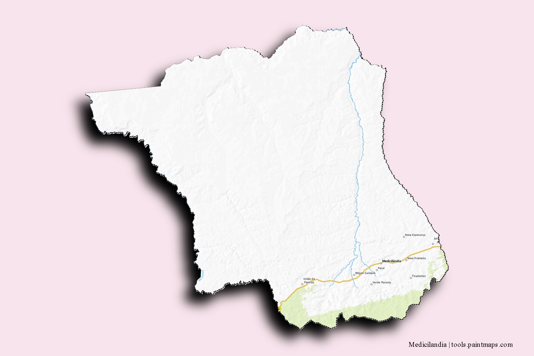 Mapa de barrios y pueblos de Medicilandia con efecto de sombra 3D