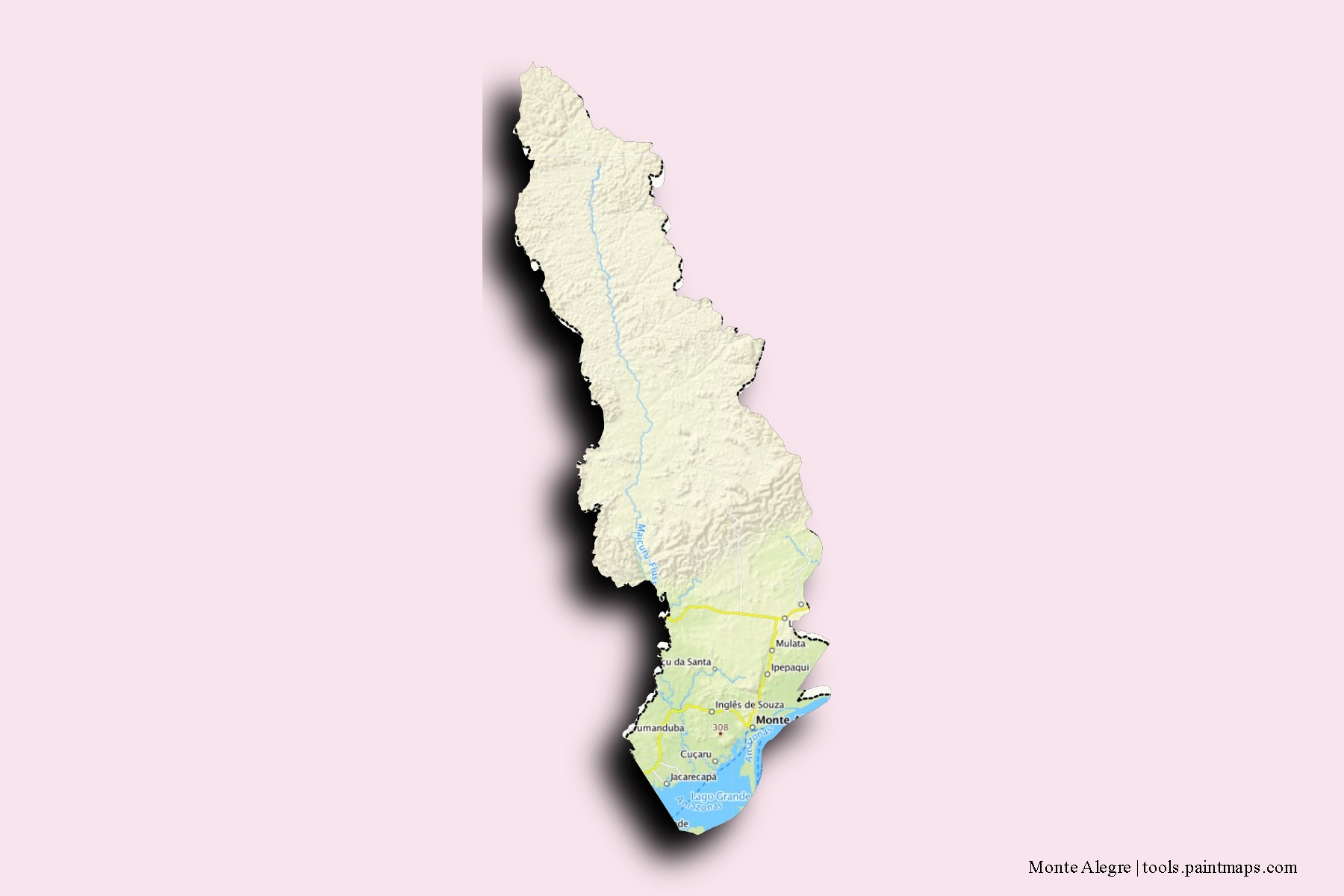 Mapa de barrios y pueblos de Monte Alegre con efecto de sombra 3D