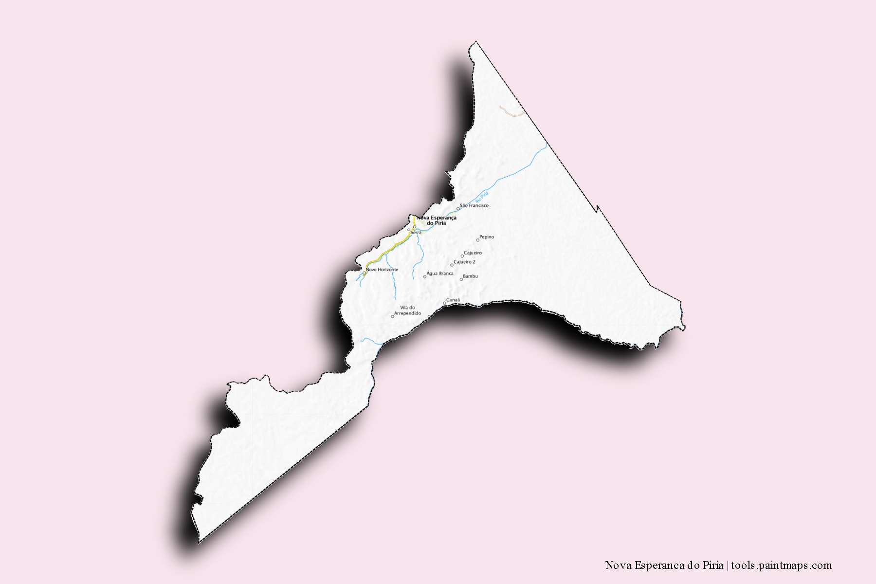 Mapa de barrios y pueblos de Nova Esperanca do Piria con efecto de sombra 3D