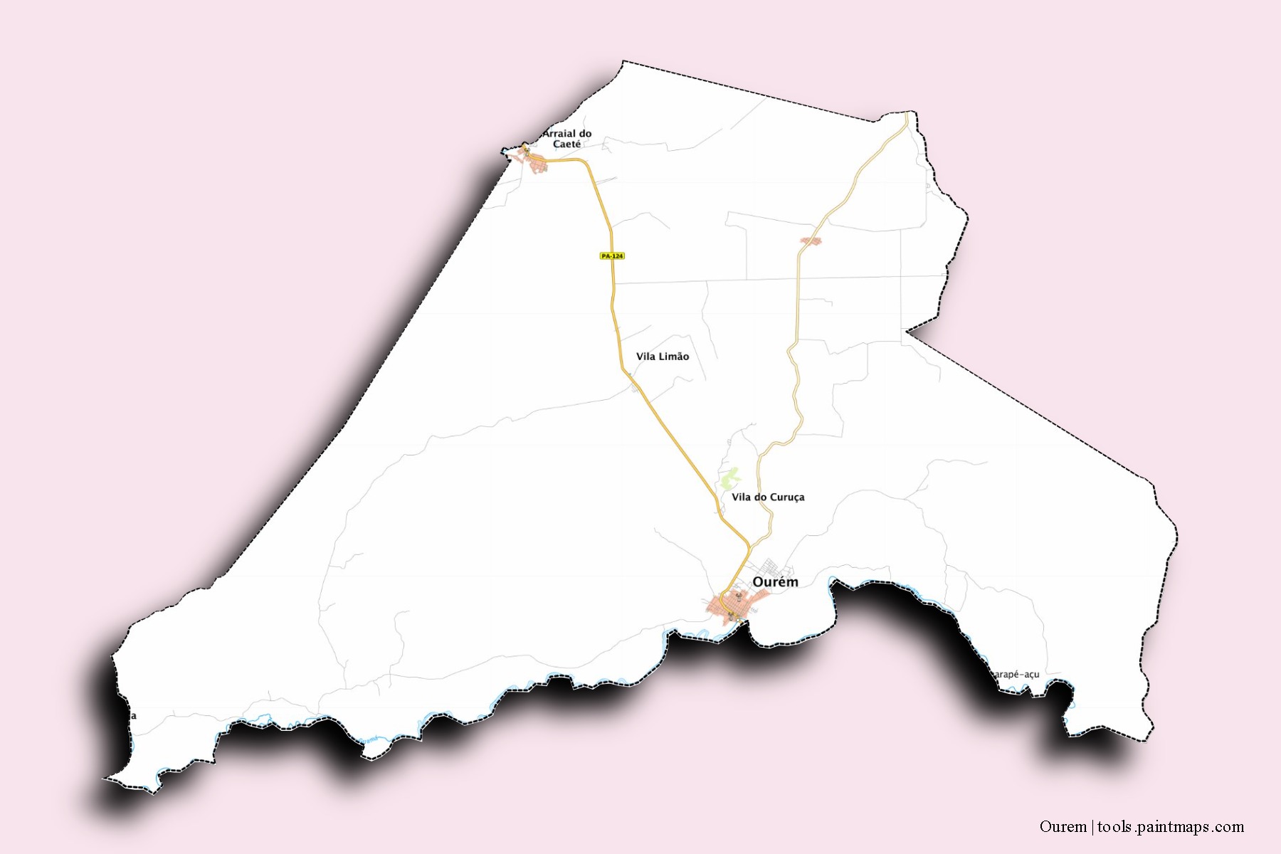 Mapa de barrios y pueblos de Ourem con efecto de sombra 3D