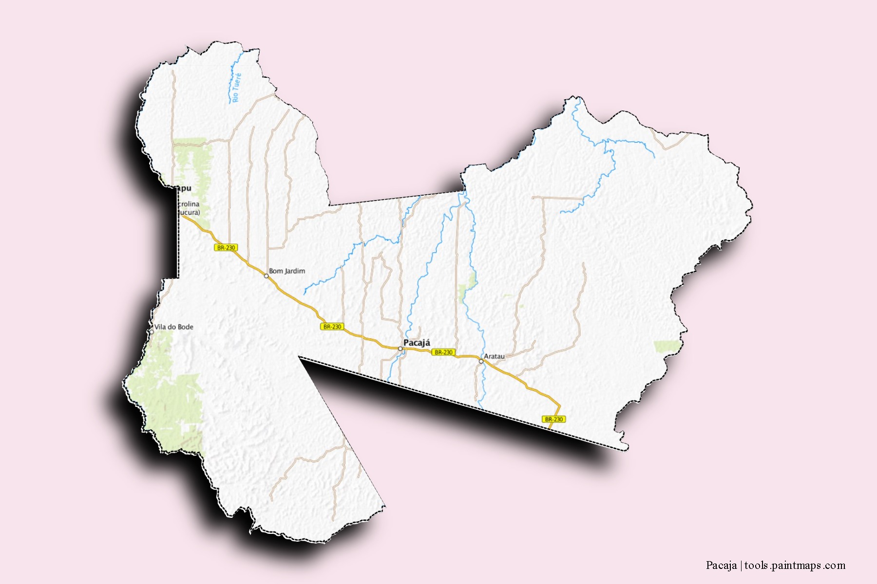Mapa de barrios y pueblos de Pacaja con efecto de sombra 3D