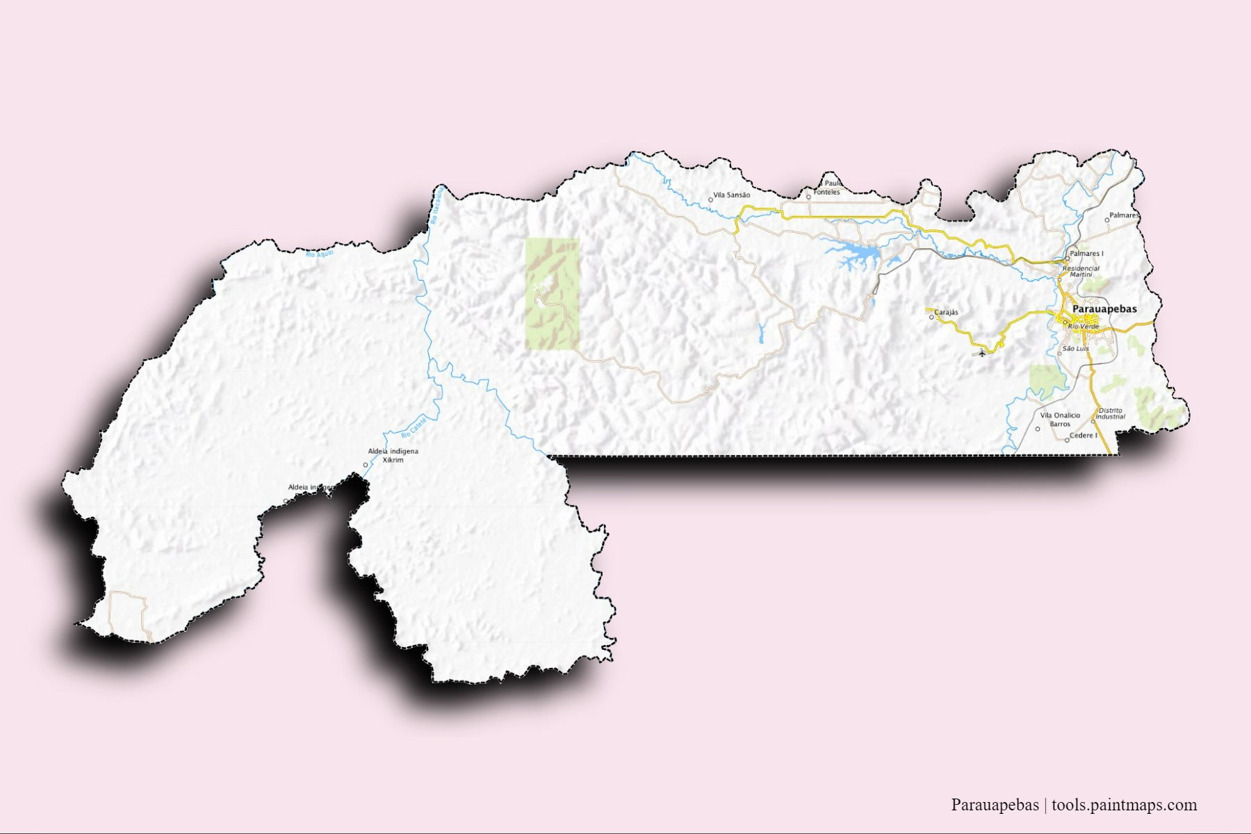 Mapa de barrios y pueblos de Parauapebas con efecto de sombra 3D