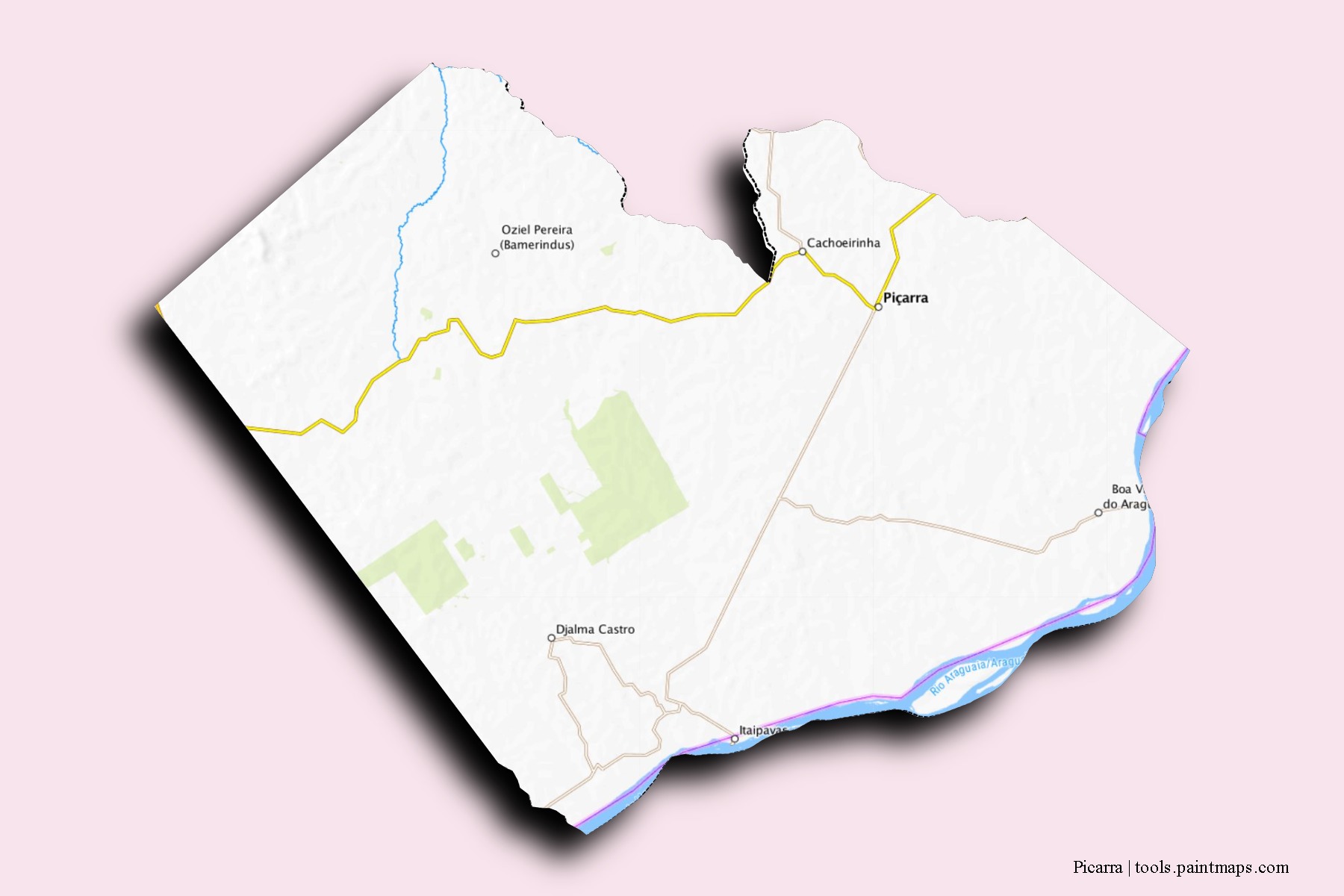 Mapa de barrios y pueblos de Picarra con efecto de sombra 3D