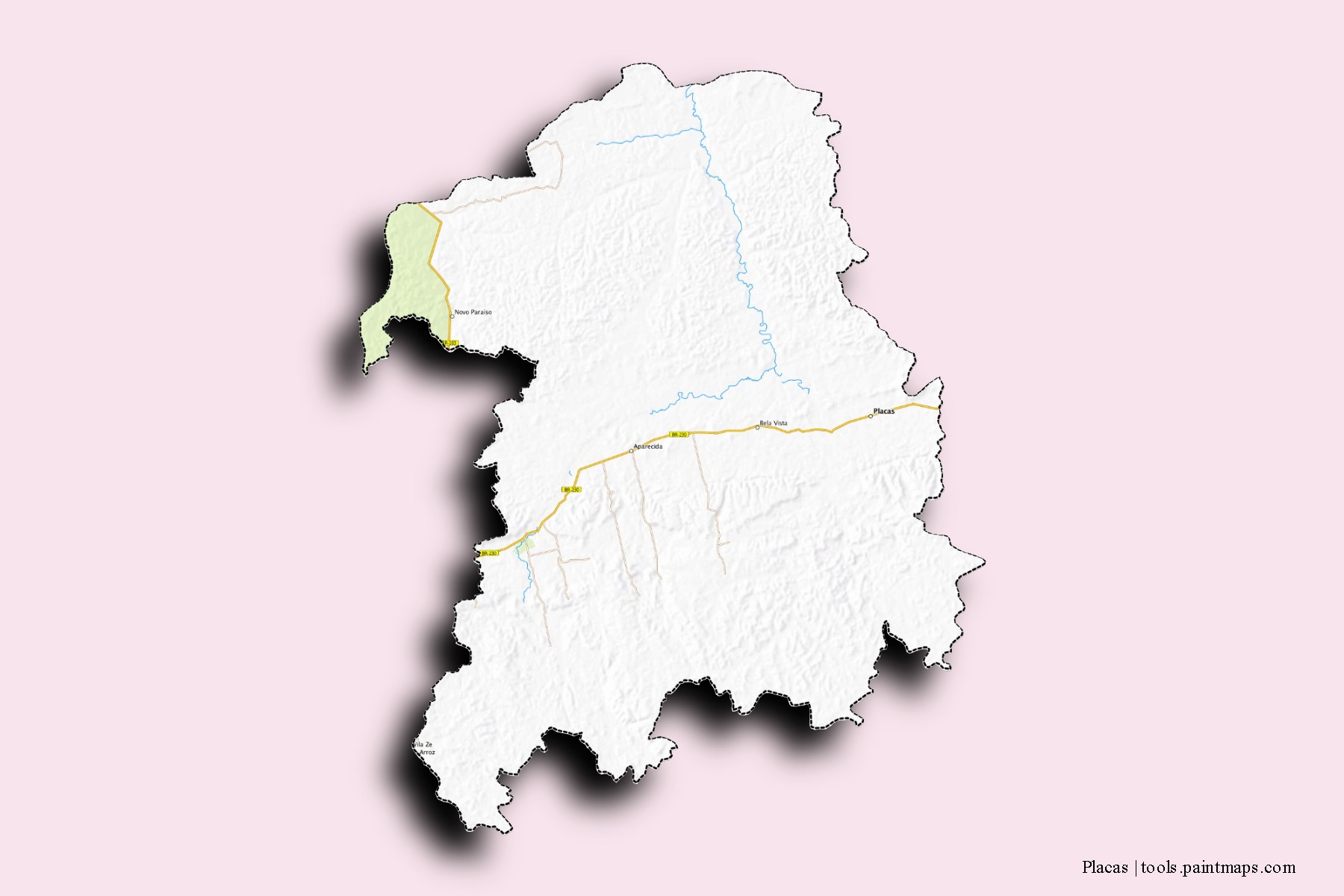 Mapa de barrios y pueblos de Placas con efecto de sombra 3D