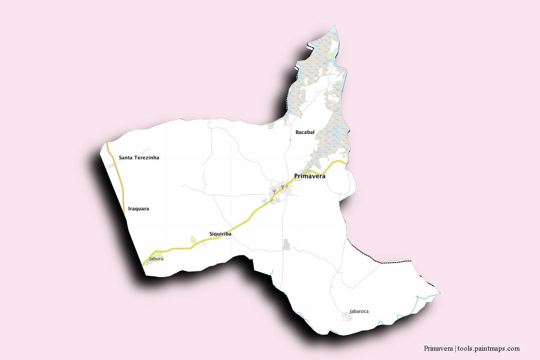 Mapa de barrios y pueblos de Primavera con efecto de sombra 3D