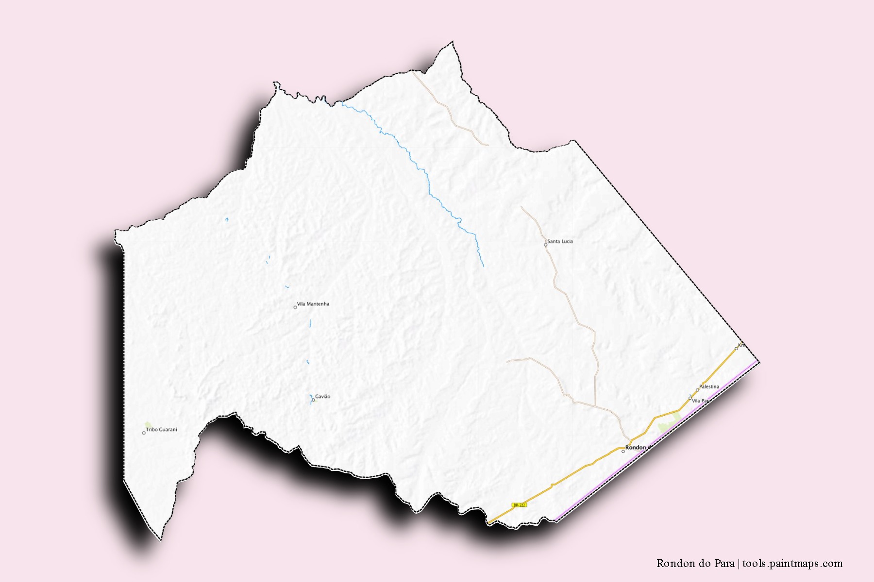 Mapa de barrios y pueblos de Rondon do Para con efecto de sombra 3D