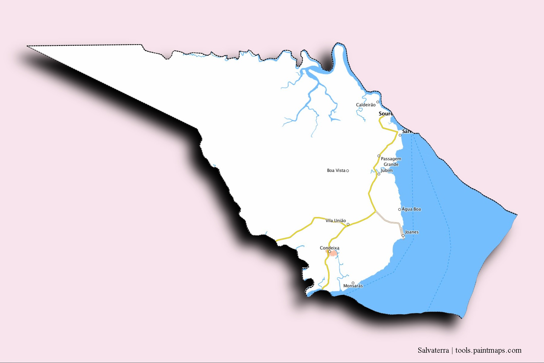 Mapa de barrios y pueblos de Salvaterra con efecto de sombra 3D