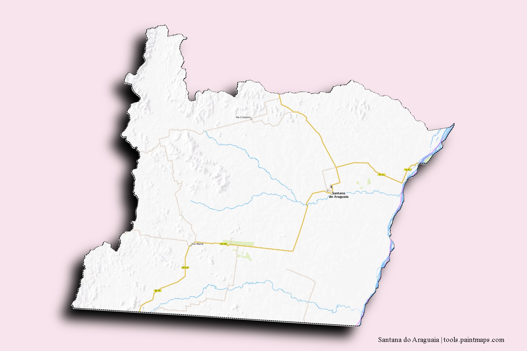 Mapa de barrios y pueblos de Santana do Araguaia con efecto de sombra 3D