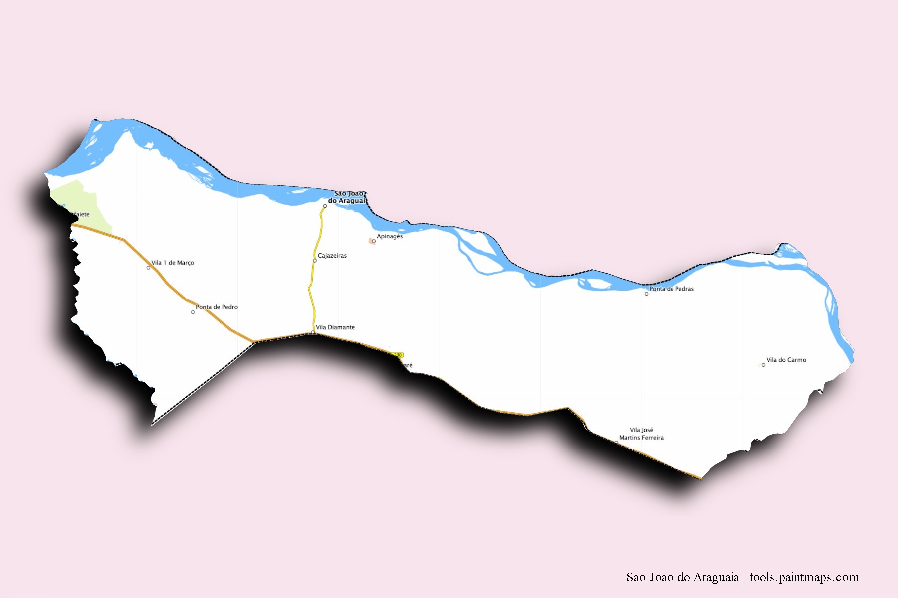 Sao Joao do Araguaia neighborhoods and villages map with 3D shadow effect