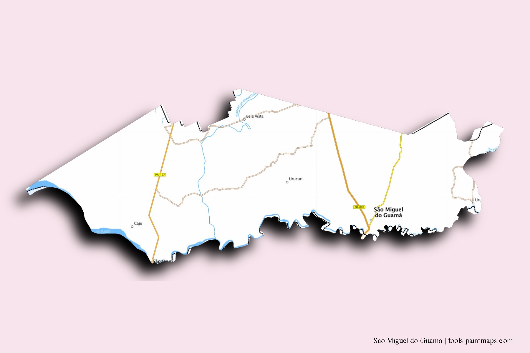 Mapa de barrios y pueblos de Sao Miguel do Guama con efecto de sombra 3D