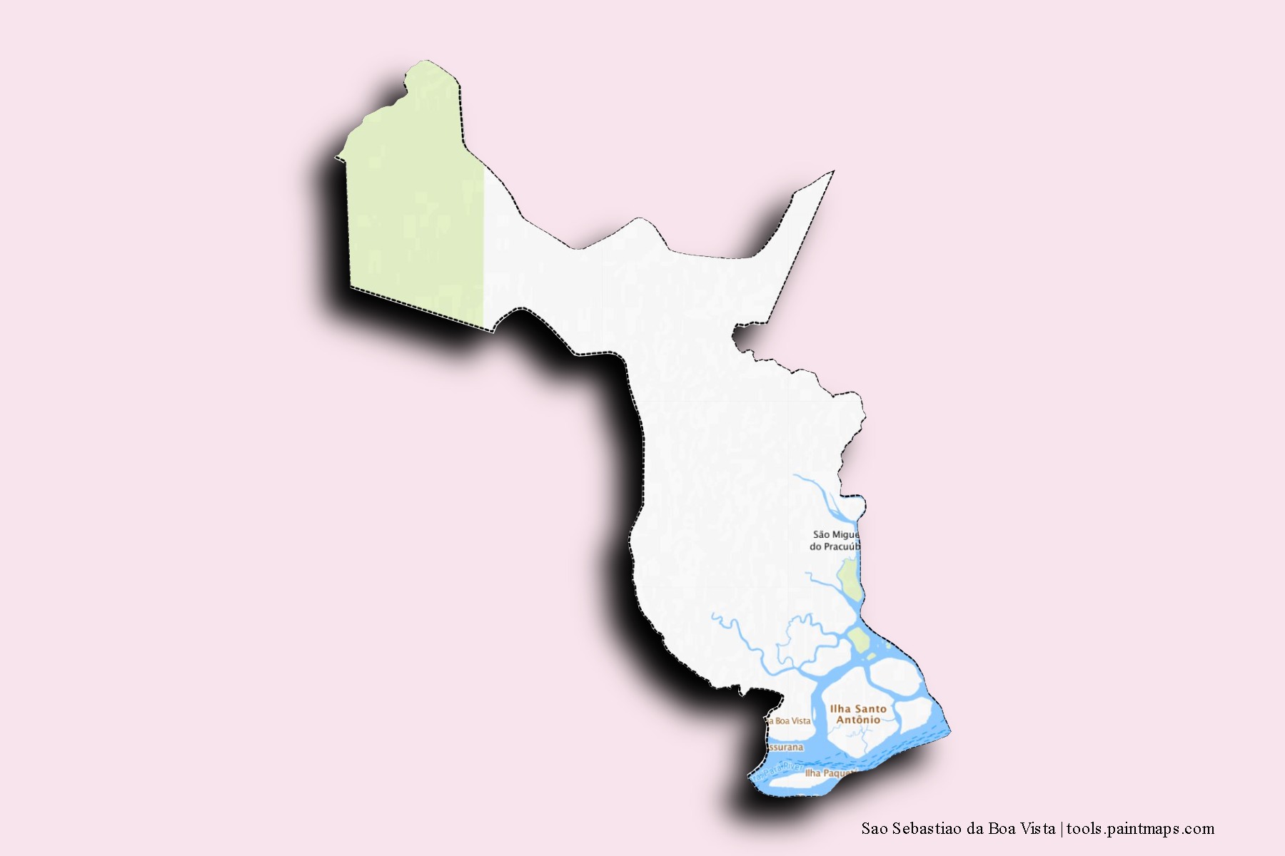 Mapa de barrios y pueblos de Sao Sebastiao da Boa Vista con efecto de sombra 3D