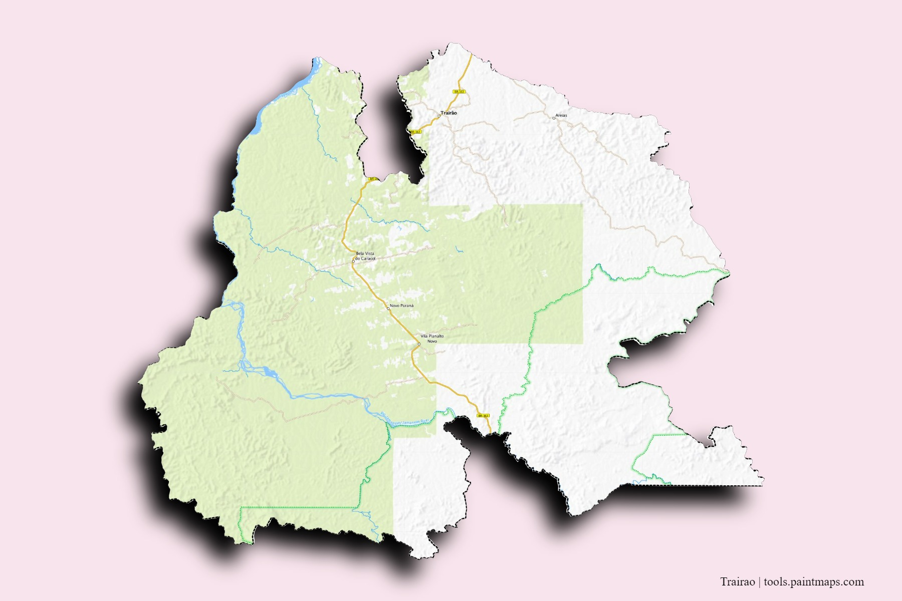 Mapa de barrios y pueblos de Trairao con efecto de sombra 3D