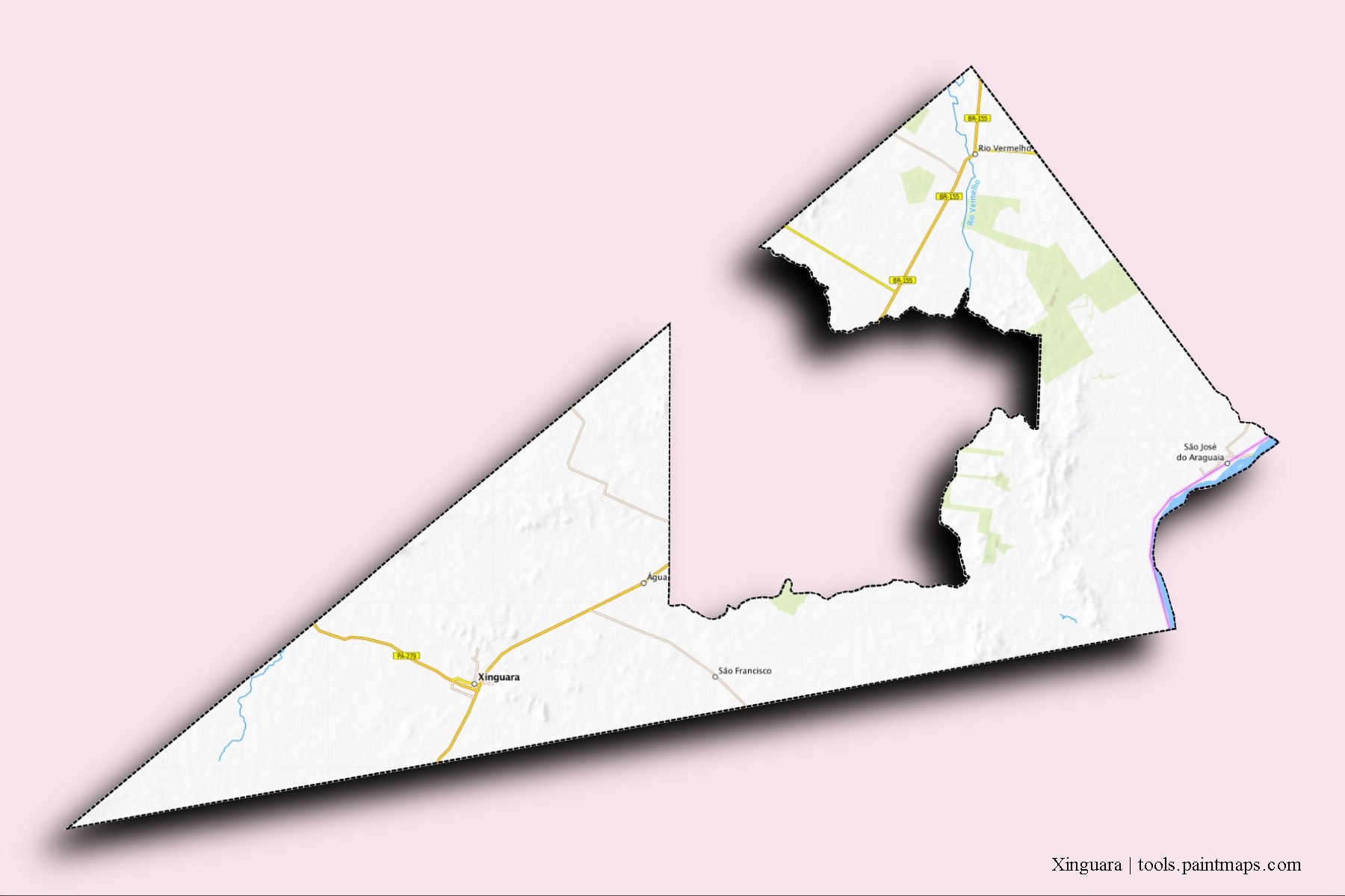 Mapa de barrios y pueblos de Xinguara con efecto de sombra 3D