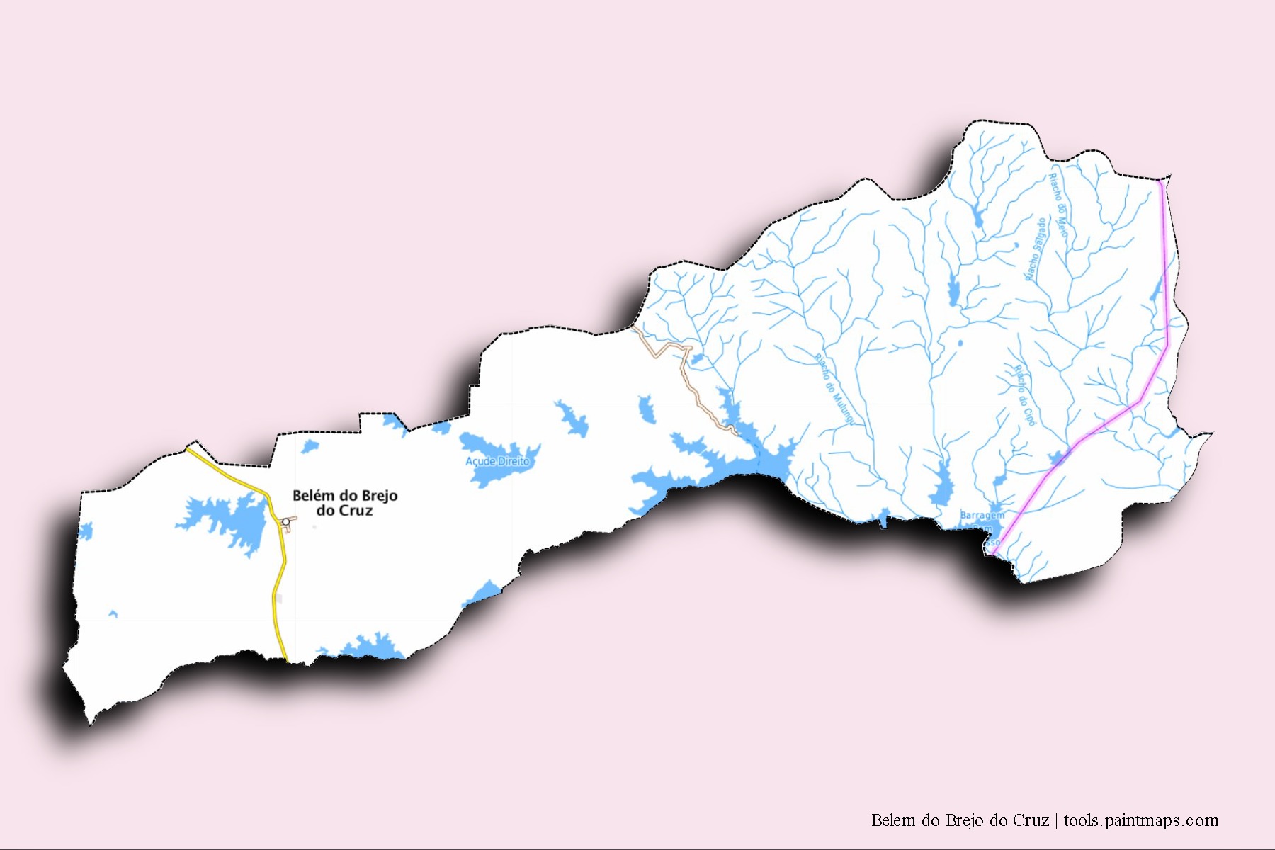 Mapa de barrios y pueblos de Belem do Brejo do Cruz con efecto de sombra 3D