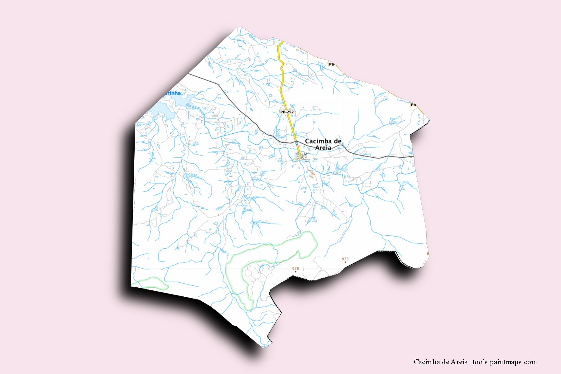 Cacimba de Areia neighborhoods and villages map with 3D shadow effect