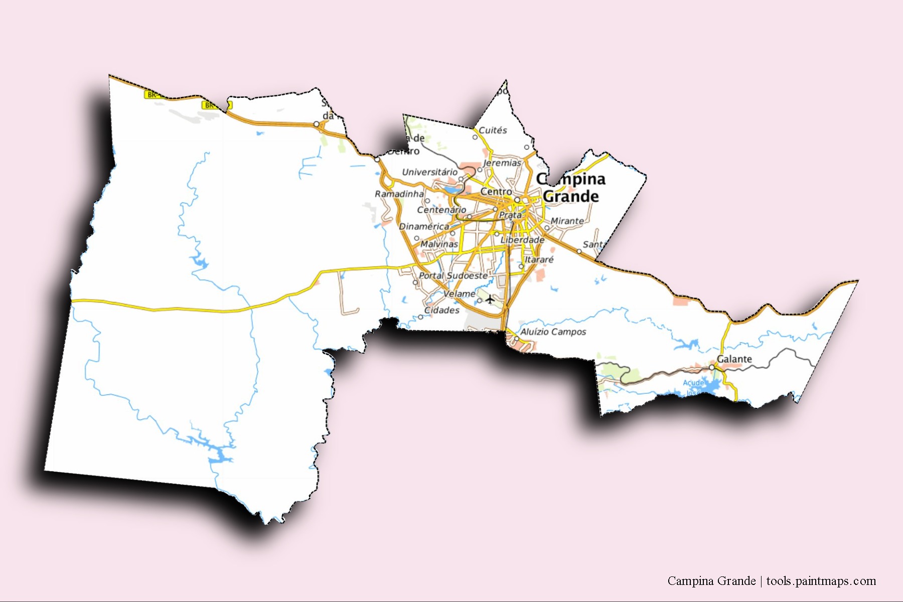 Campina Grande neighborhoods and villages map with 3D shadow effect