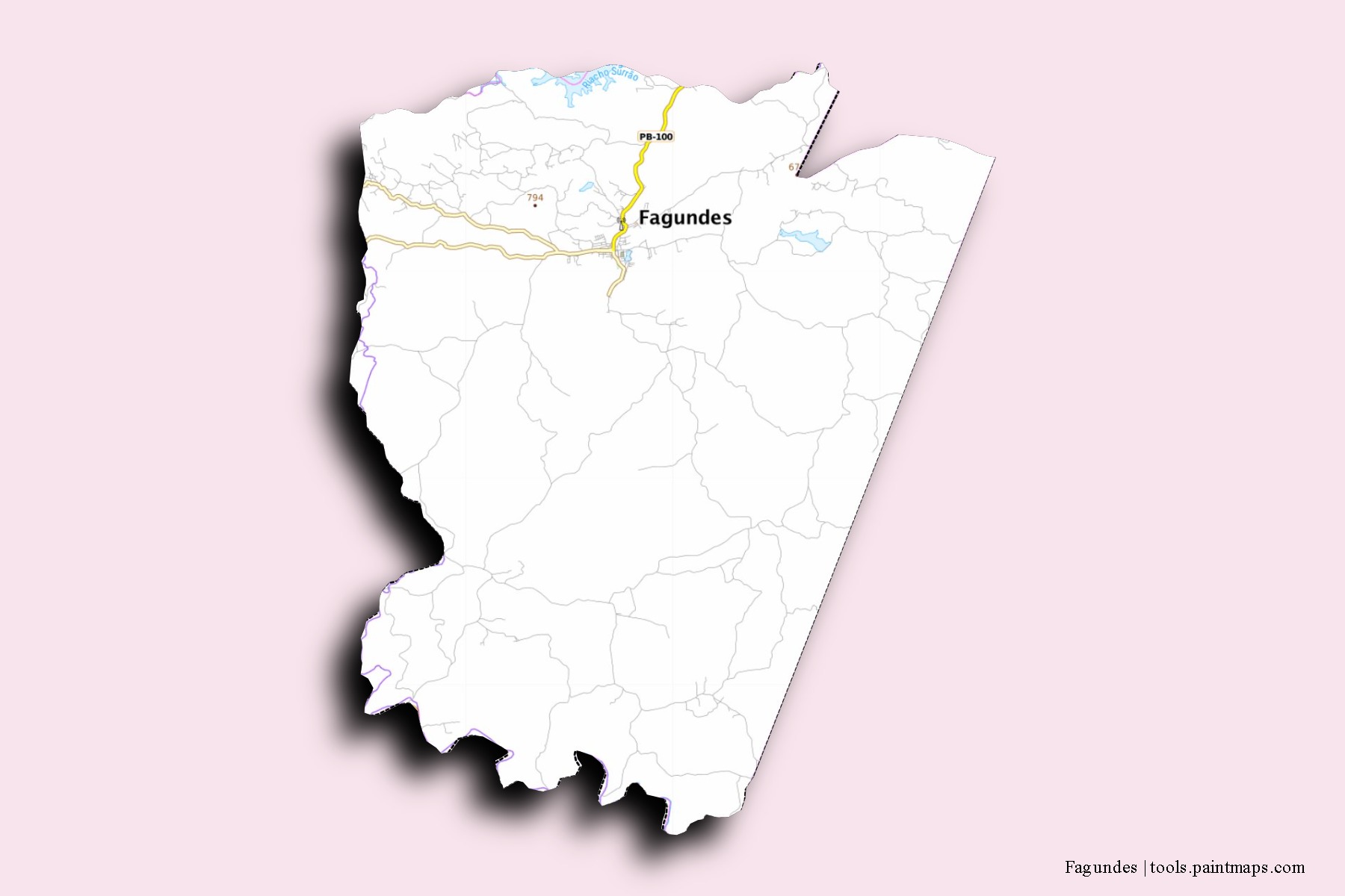 Mapa de barrios y pueblos de Fagundes con efecto de sombra 3D