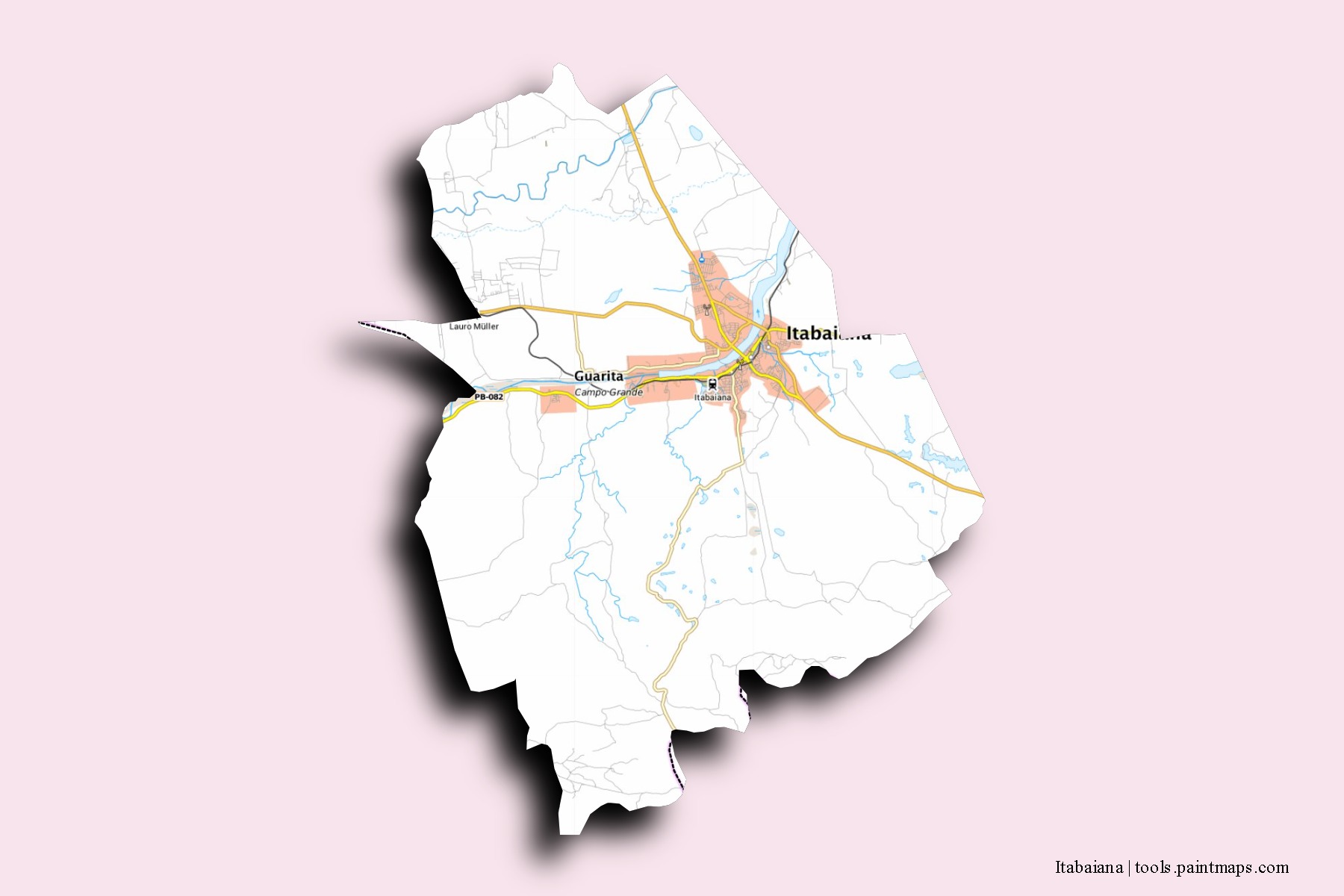 Itabaiana neighborhoods and villages map with 3D shadow effect