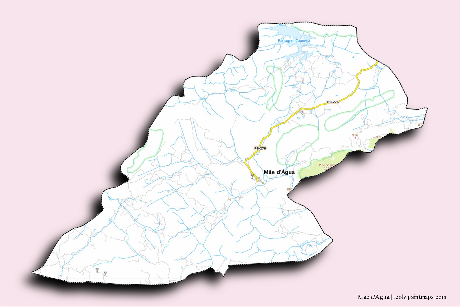 Mapa de barrios y pueblos de Mae d'Agua con efecto de sombra 3D