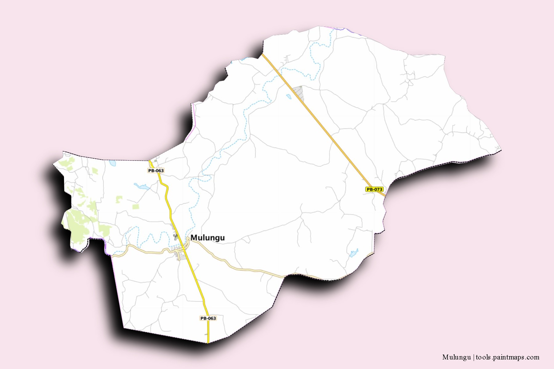 Mapa de barrios y pueblos de Mulungu con efecto de sombra 3D