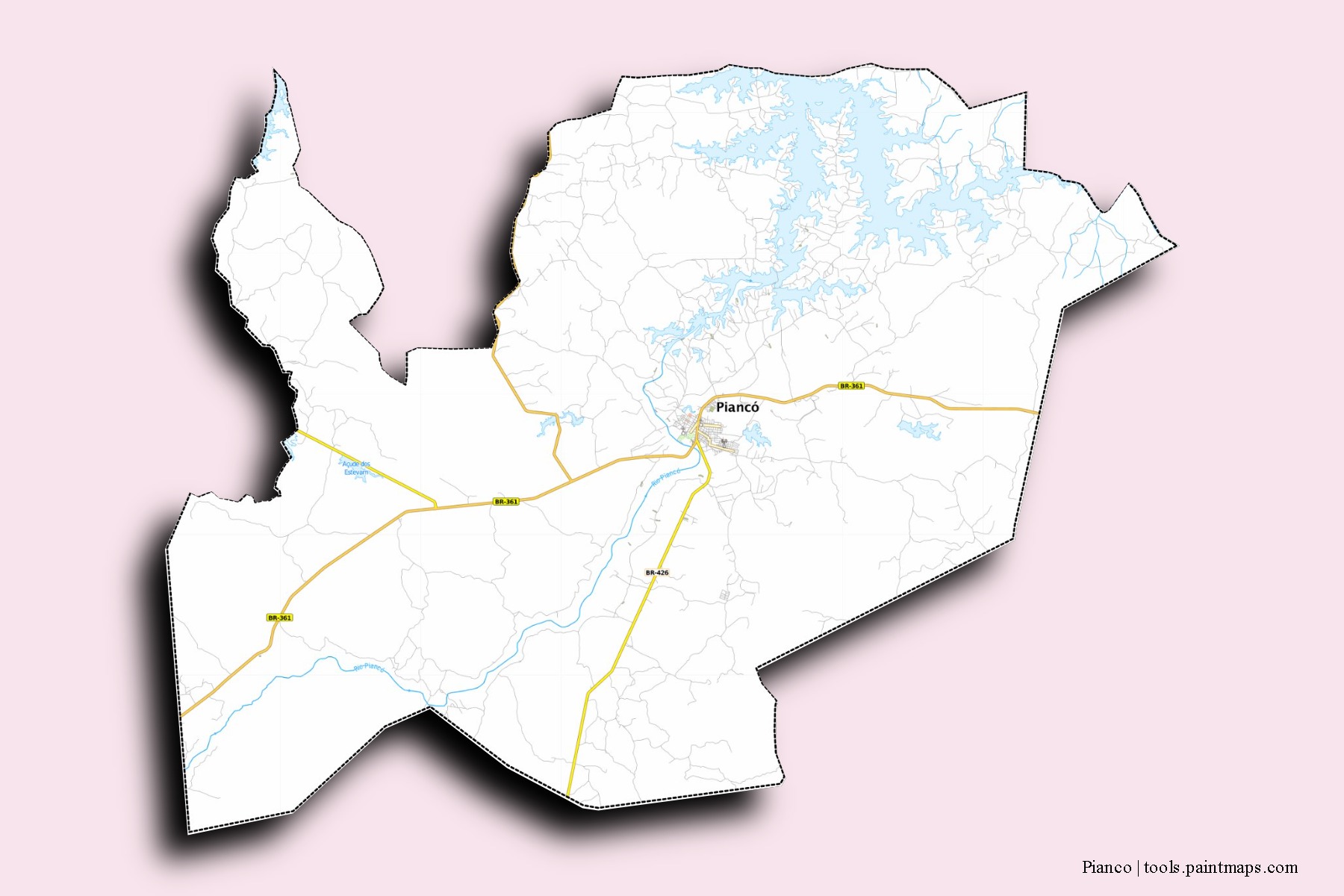 Mapa de barrios y pueblos de Pianco con efecto de sombra 3D