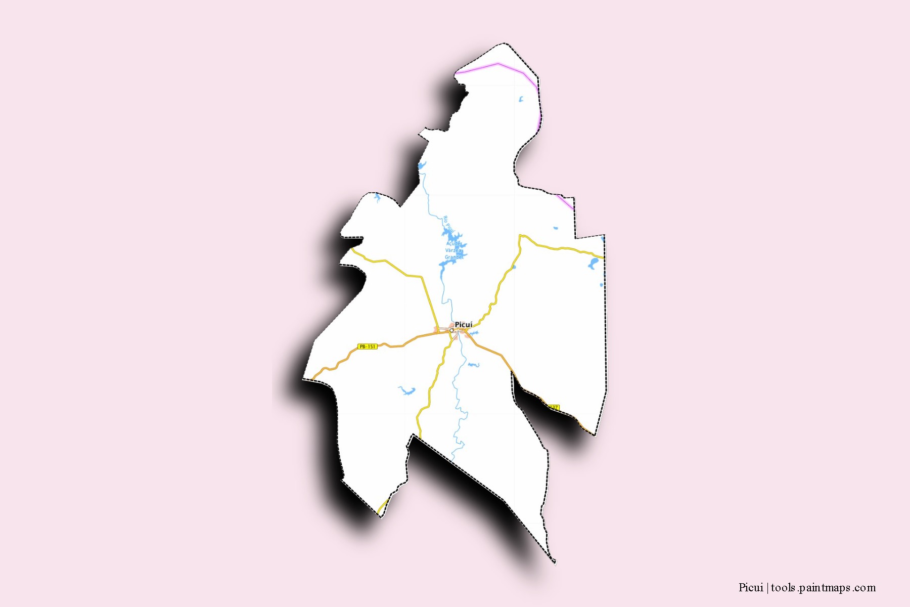 Mapa de barrios y pueblos de Picui con efecto de sombra 3D