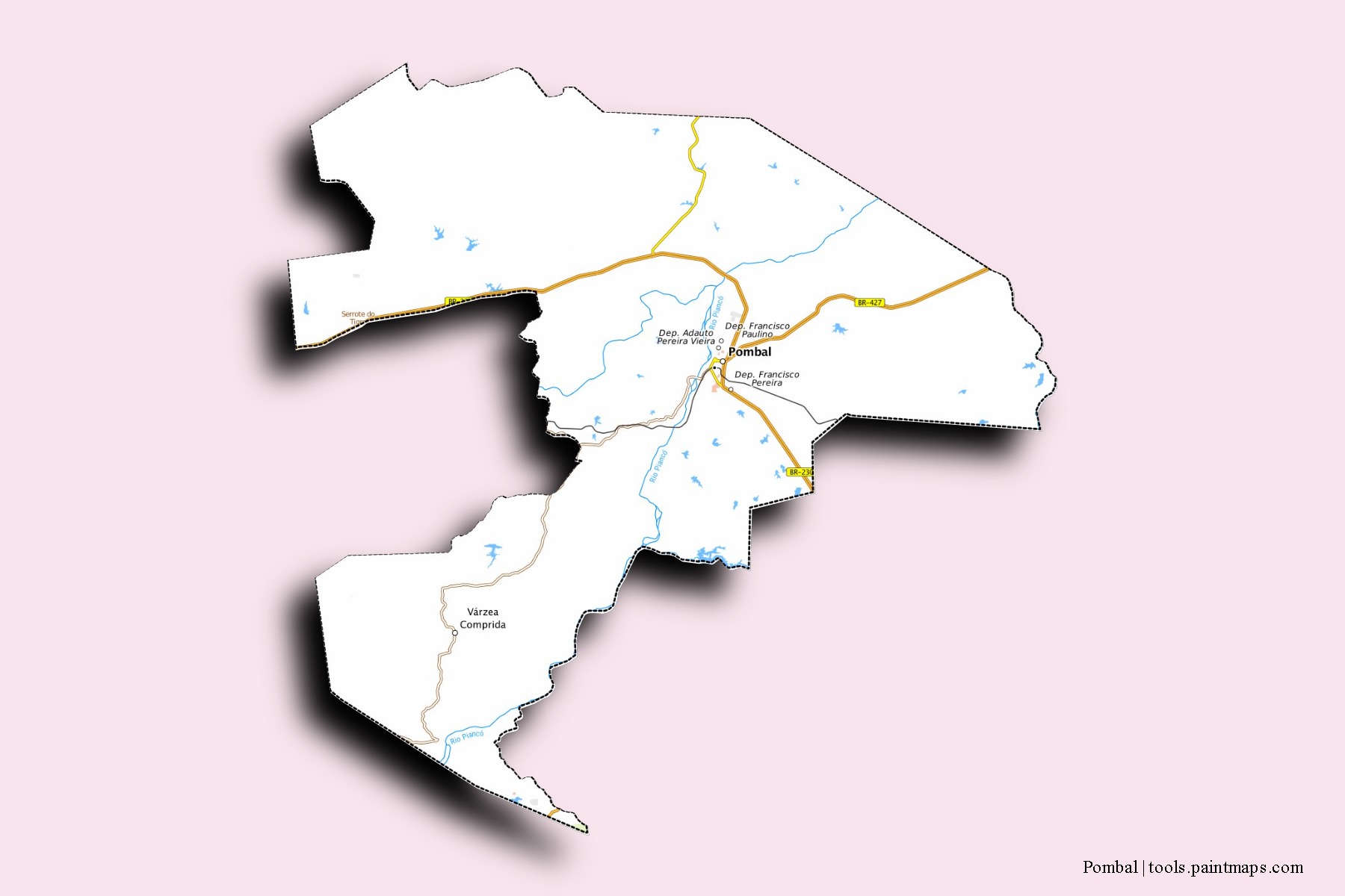 Pombal neighborhoods and villages map with 3D shadow effect