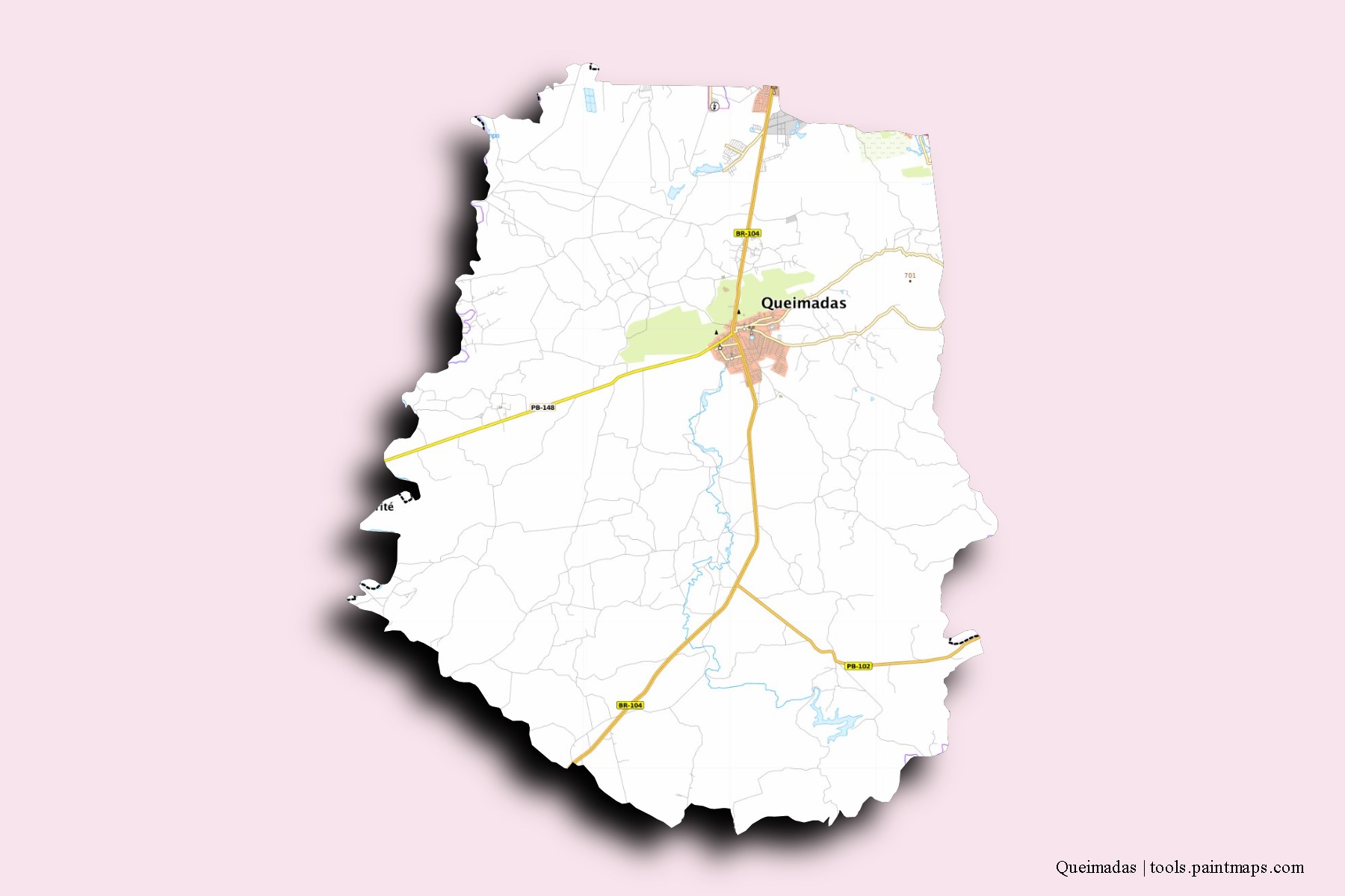 Mapa de barrios y pueblos de Queimadas con efecto de sombra 3D