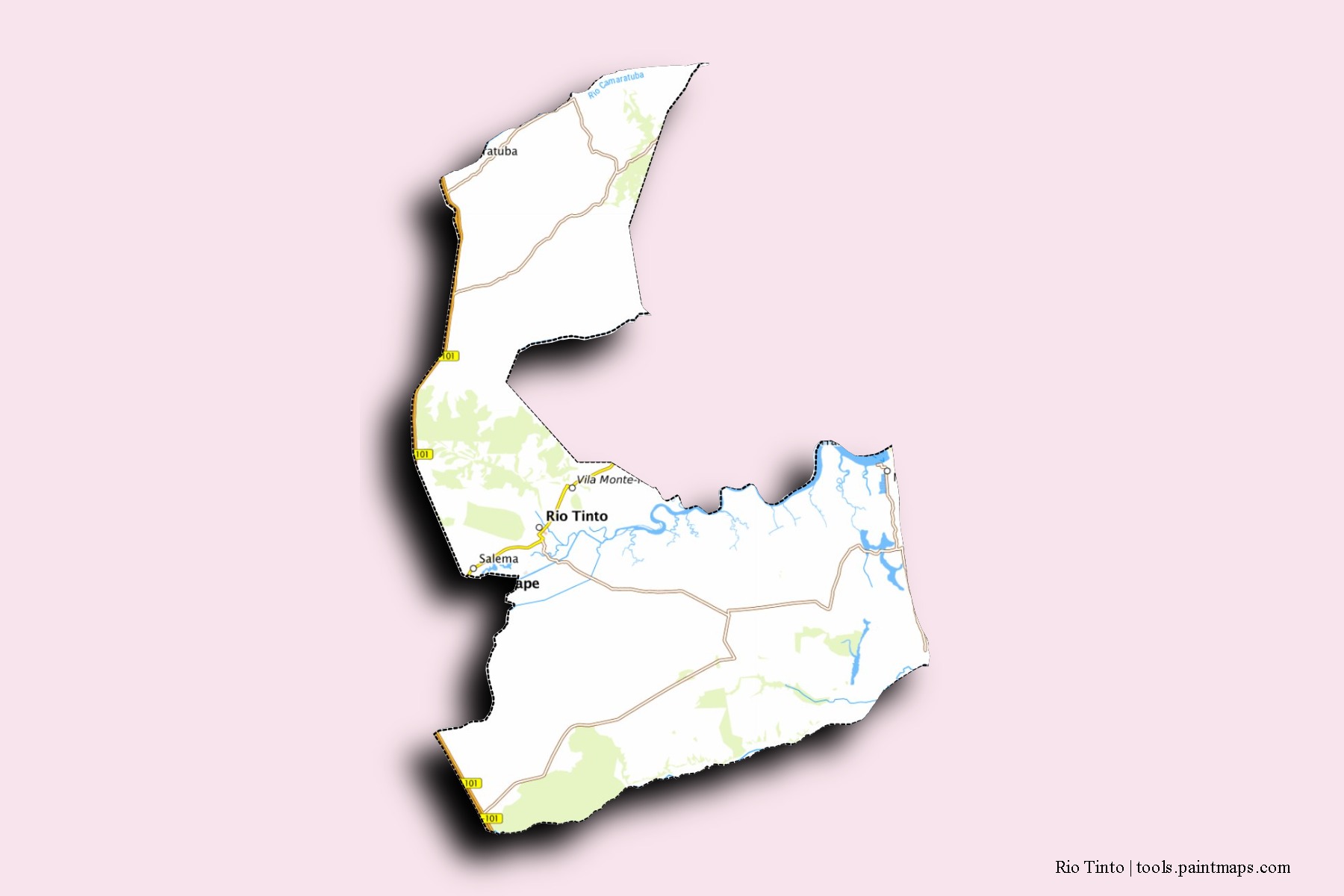 Mapa de barrios y pueblos de Rio Tinto con efecto de sombra 3D