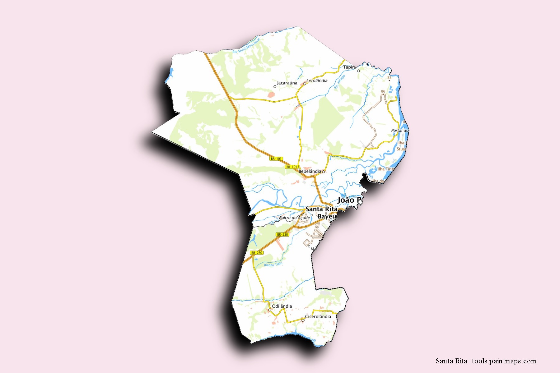 Mapa de barrios y pueblos de Santa Rita con efecto de sombra 3D