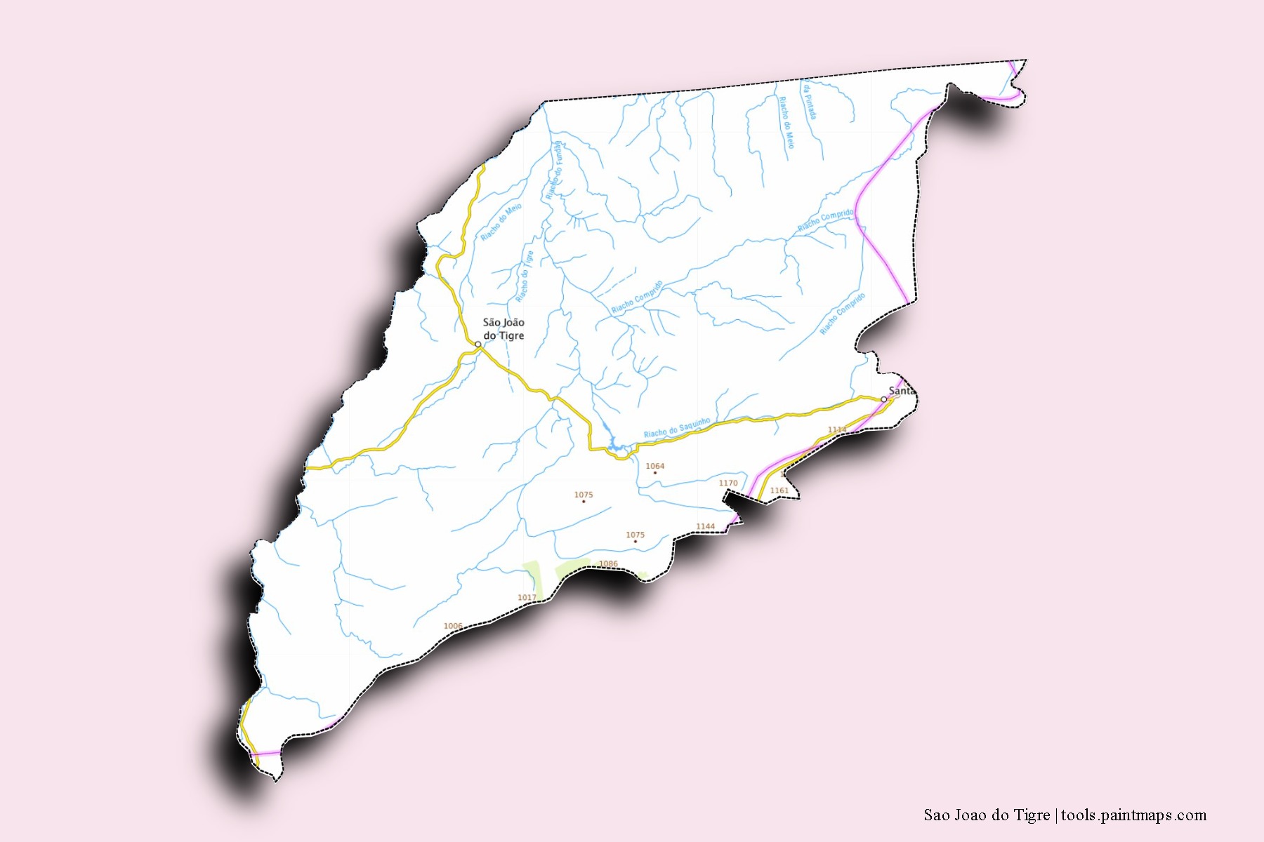 Mapa de barrios y pueblos de Sao Joao do Tigre con efecto de sombra 3D