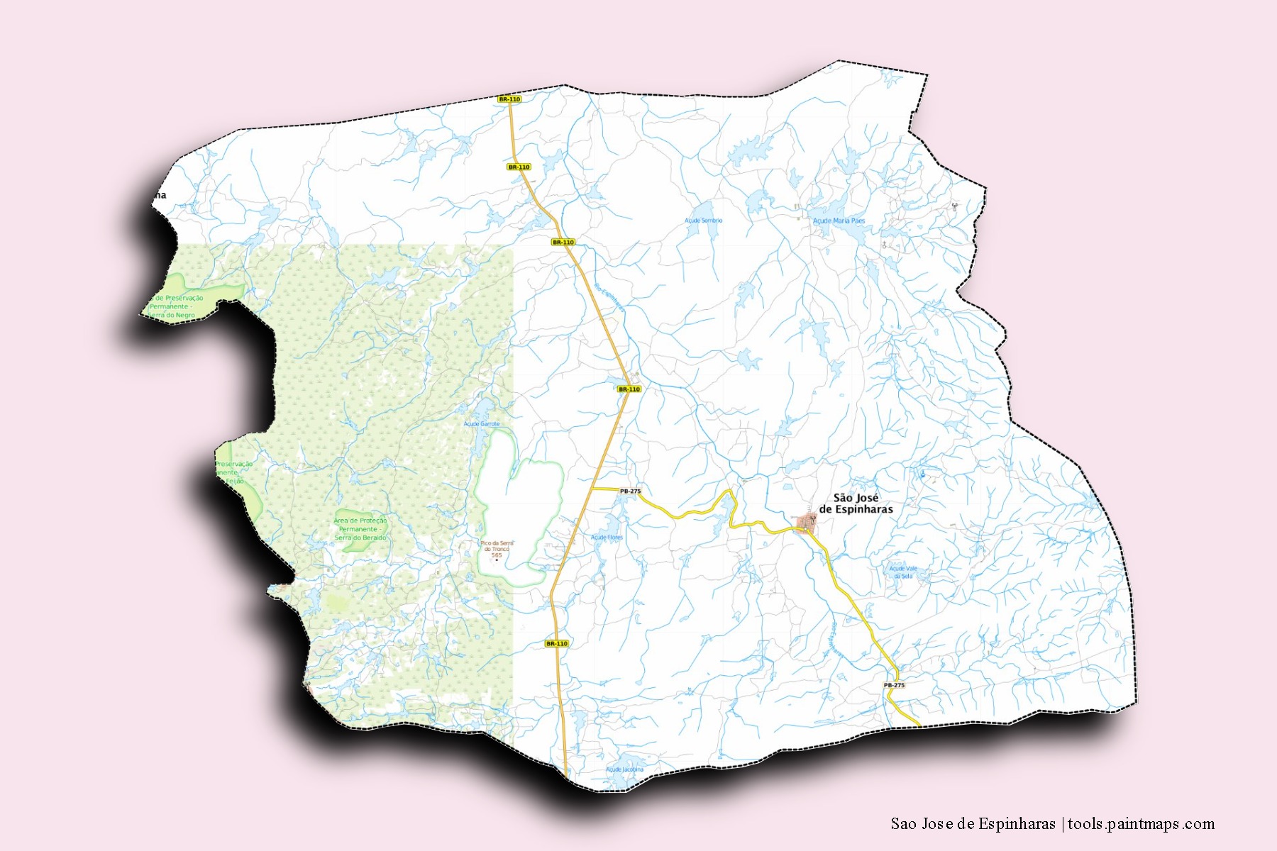 Mapa de barrios y pueblos de Sao Jose de Espinharas con efecto de sombra 3D