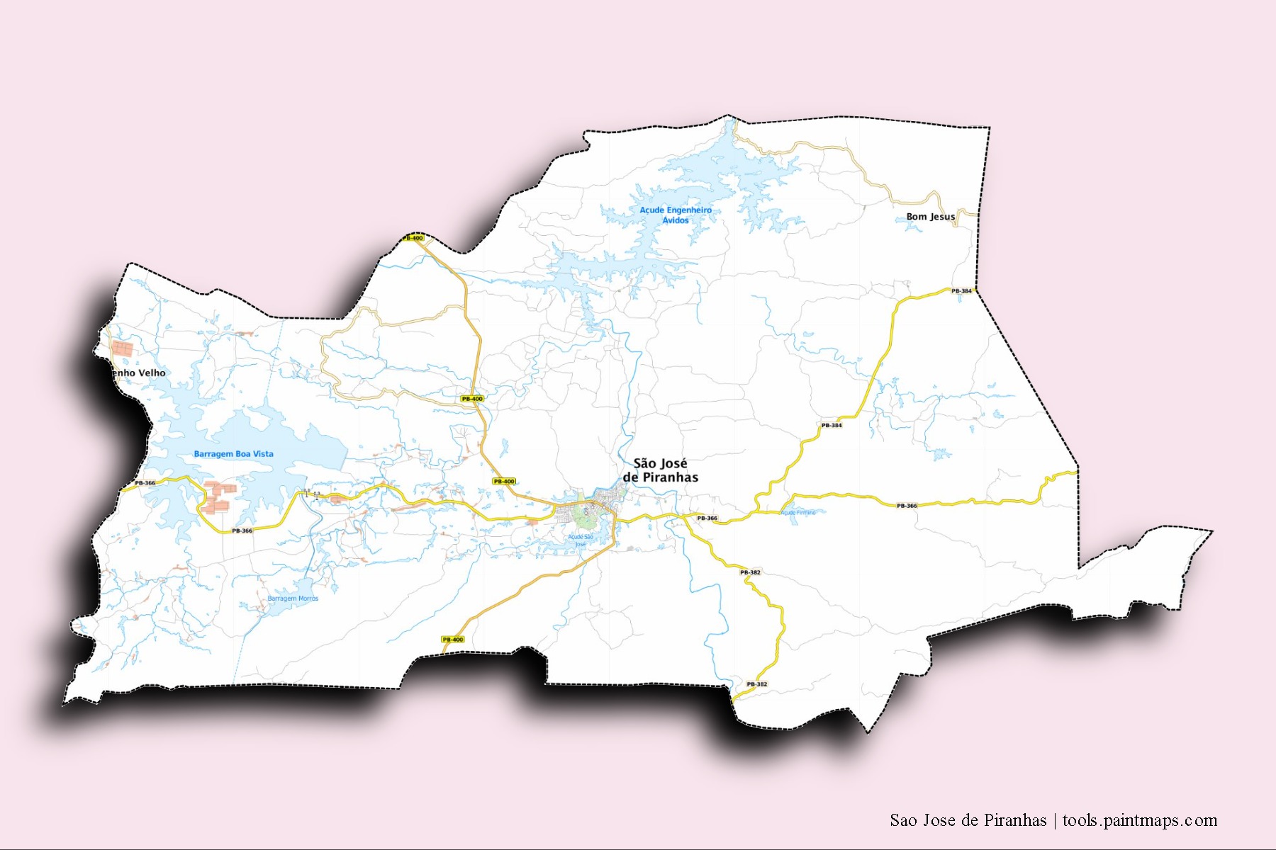 3D gölge efektli Sao Jose de Piranhas mahalleleri ve köyleri haritası