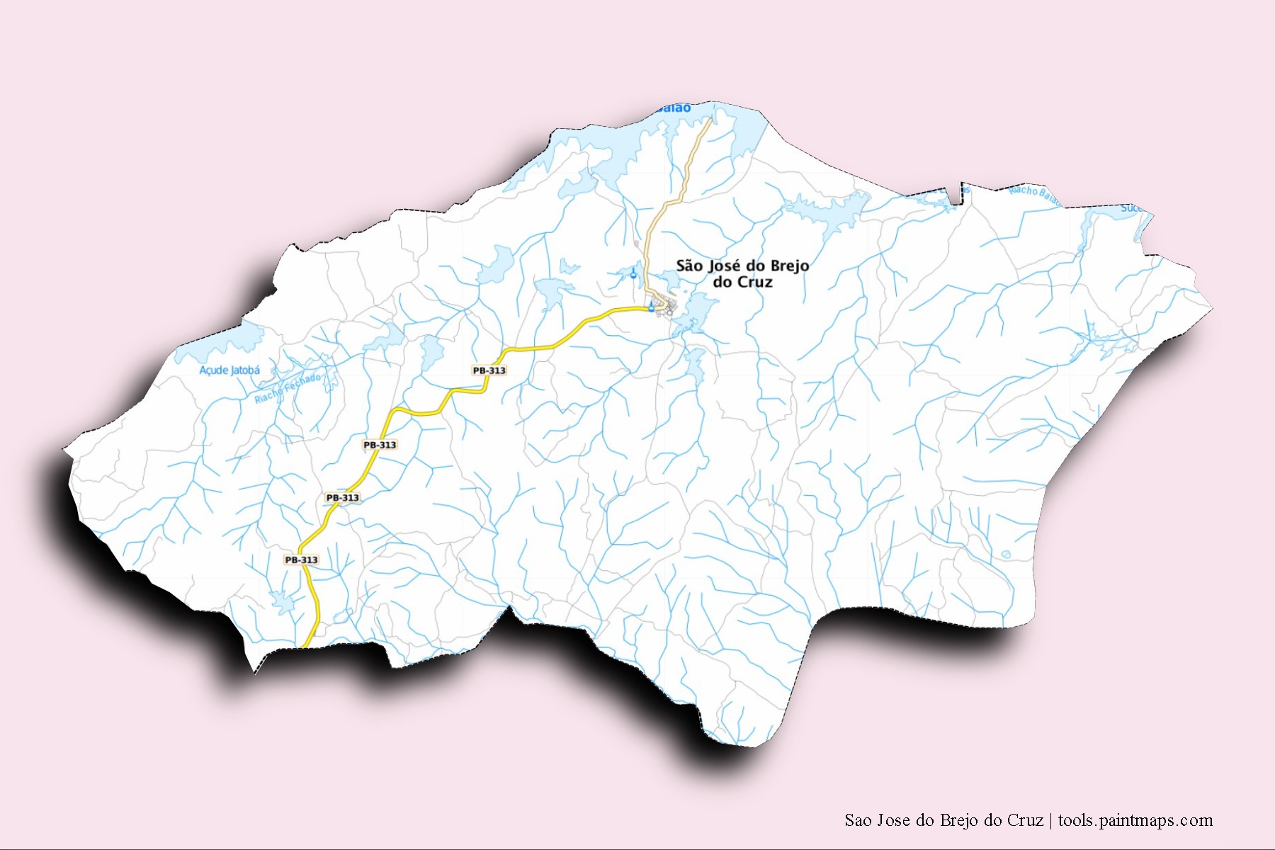 Mapa de barrios y pueblos de Sao Jose do Brejo do Cruz con efecto de sombra 3D