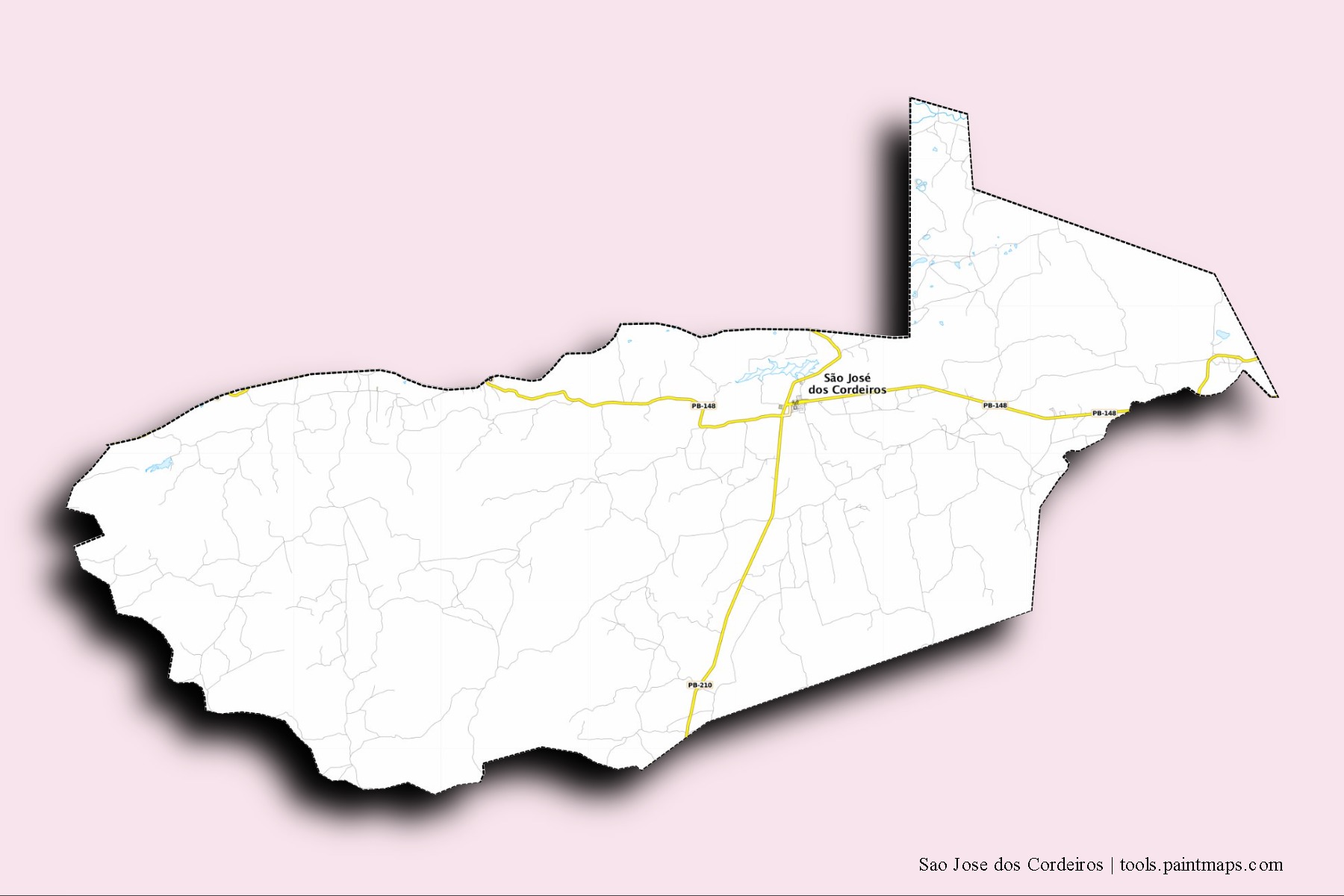 Mapa de barrios y pueblos de Sao Jose dos Cordeiros con efecto de sombra 3D