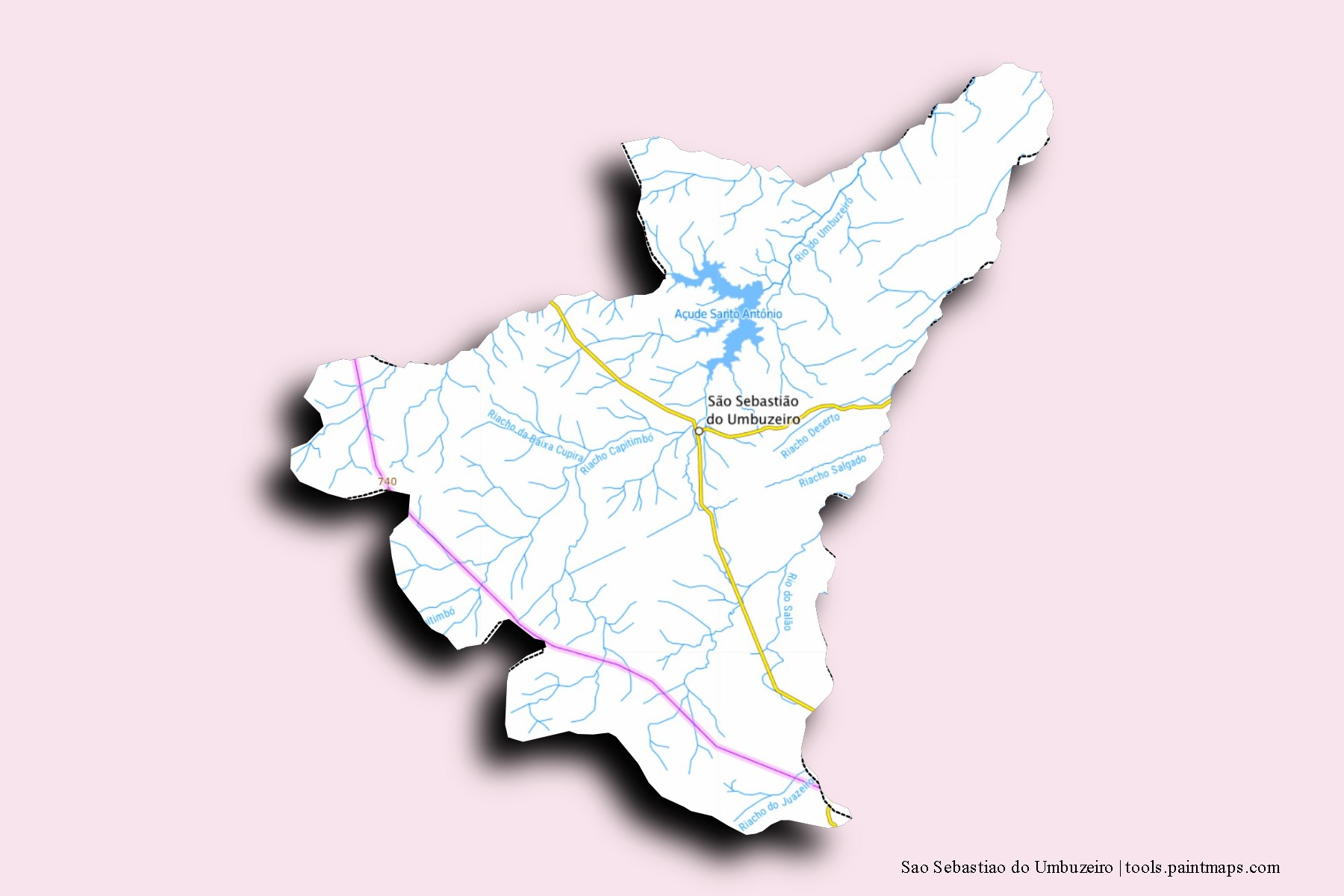 Mapa de barrios y pueblos de Sao Sebastiao do Umbuzeiro con efecto de sombra 3D