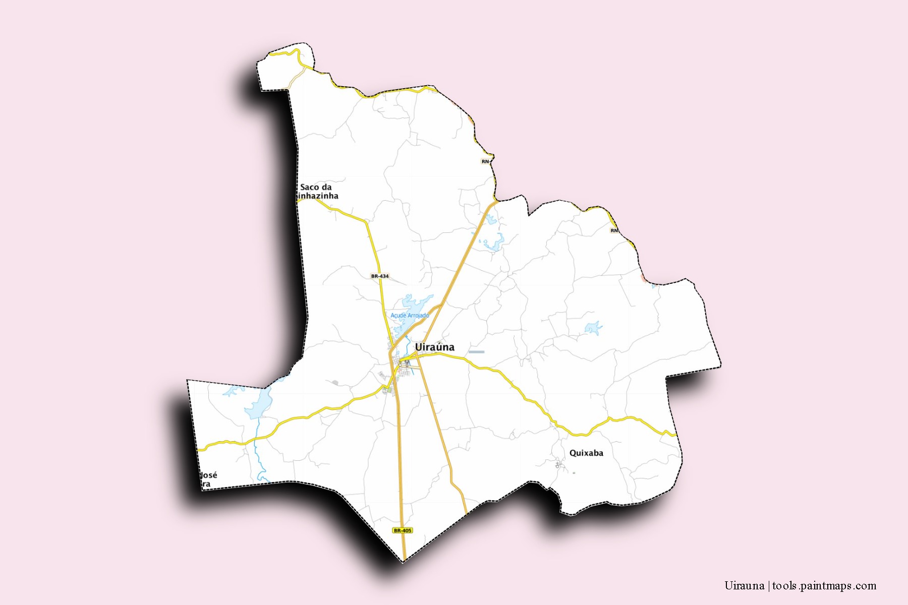 Mapa de barrios y pueblos de Uirauna con efecto de sombra 3D