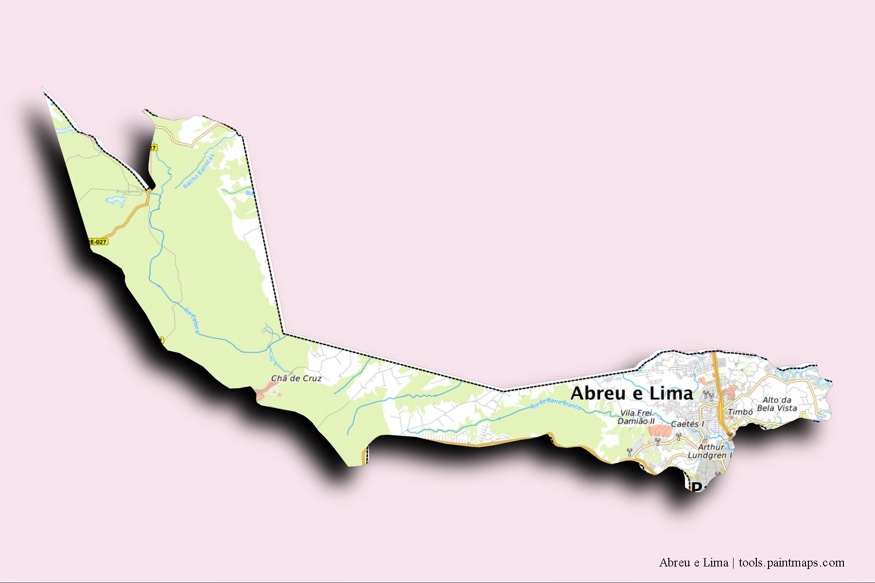 Mapa de barrios y pueblos de Abreu e Lima con efecto de sombra 3D