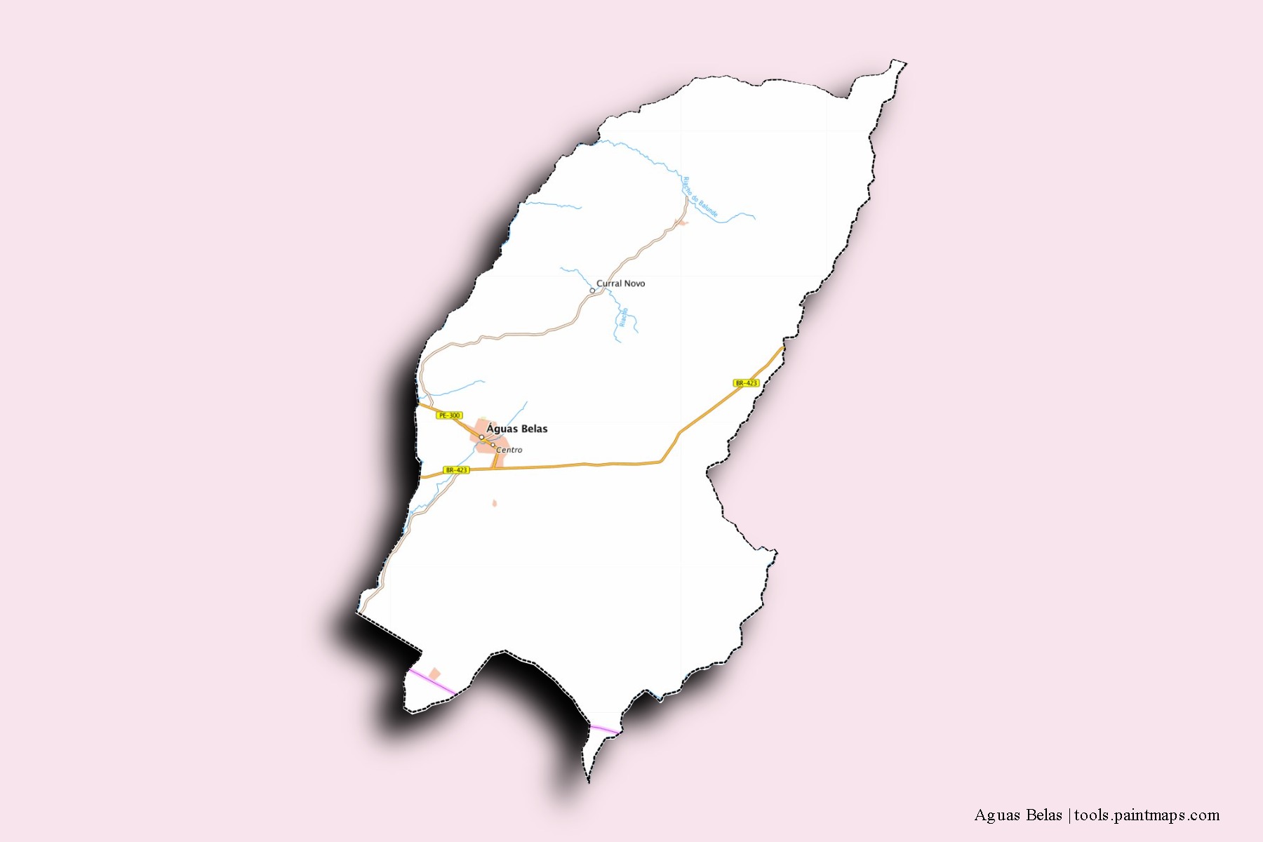 Mapa de barrios y pueblos de Aguas Belas con efecto de sombra 3D