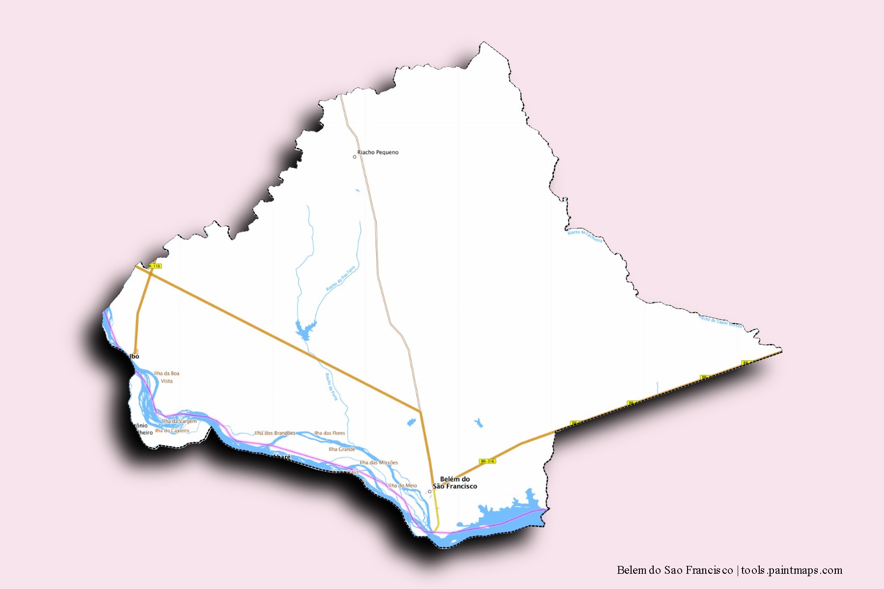 Mapa de barrios y pueblos de Belem do Sao Francisco con efecto de sombra 3D