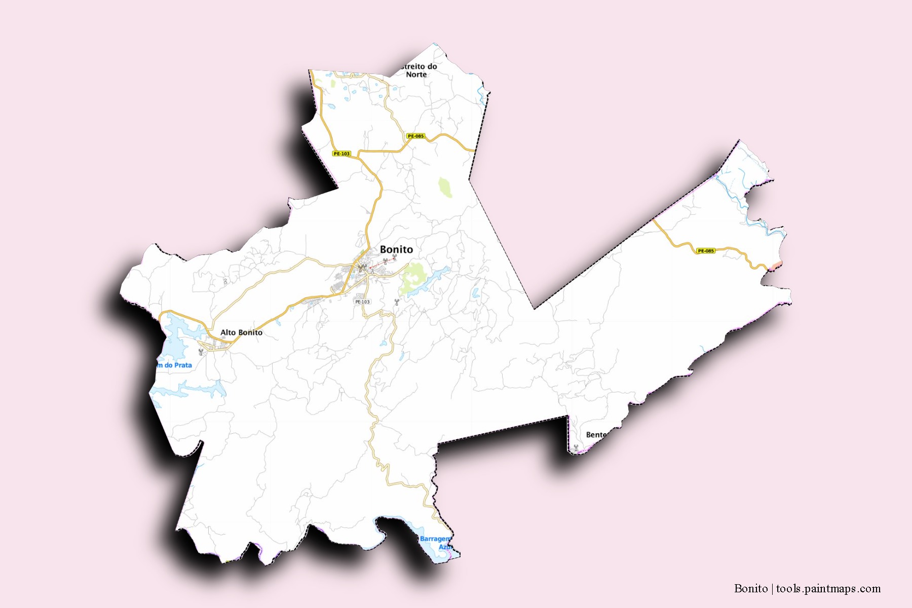 Mapa de barrios y pueblos de Bonito con efecto de sombra 3D