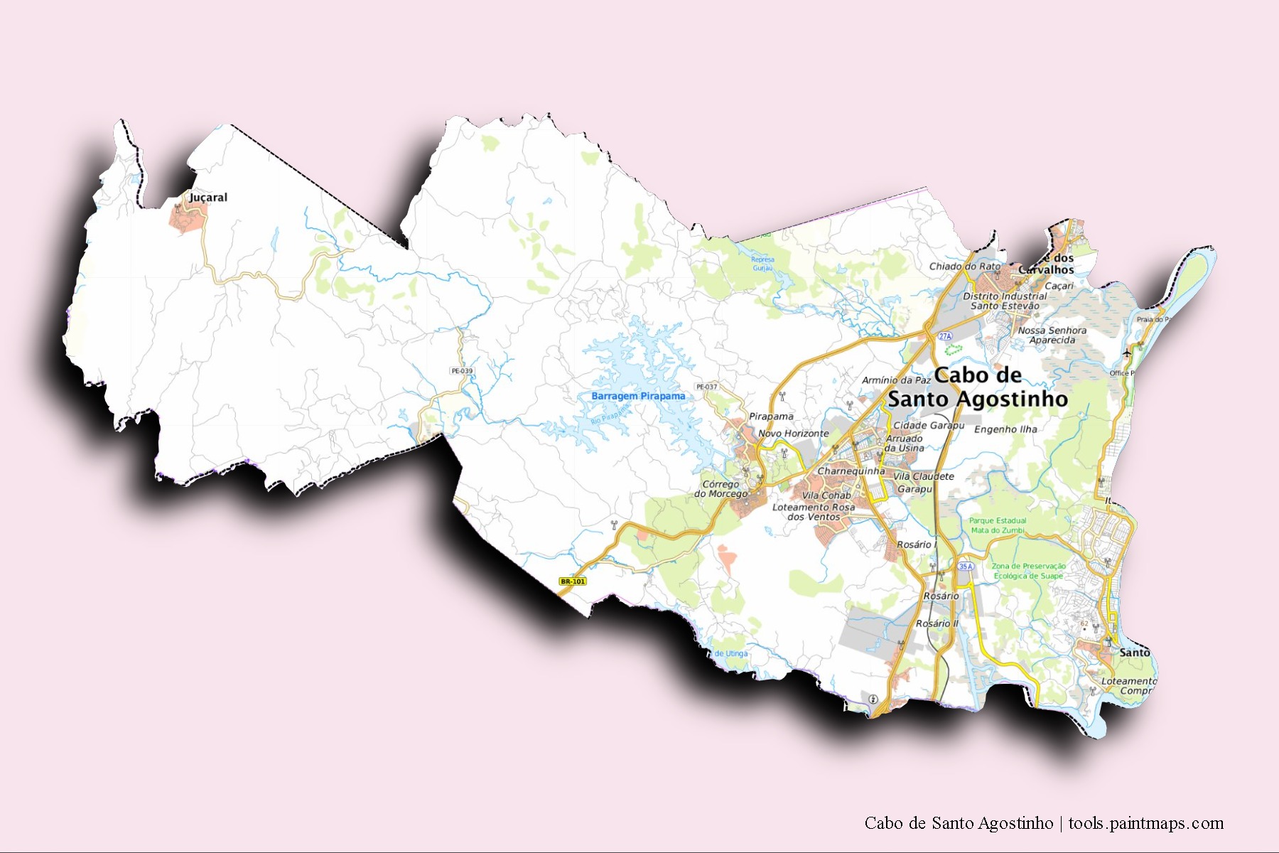 Cabo de Santo Agostinho neighborhoods and villages map with 3D shadow effect