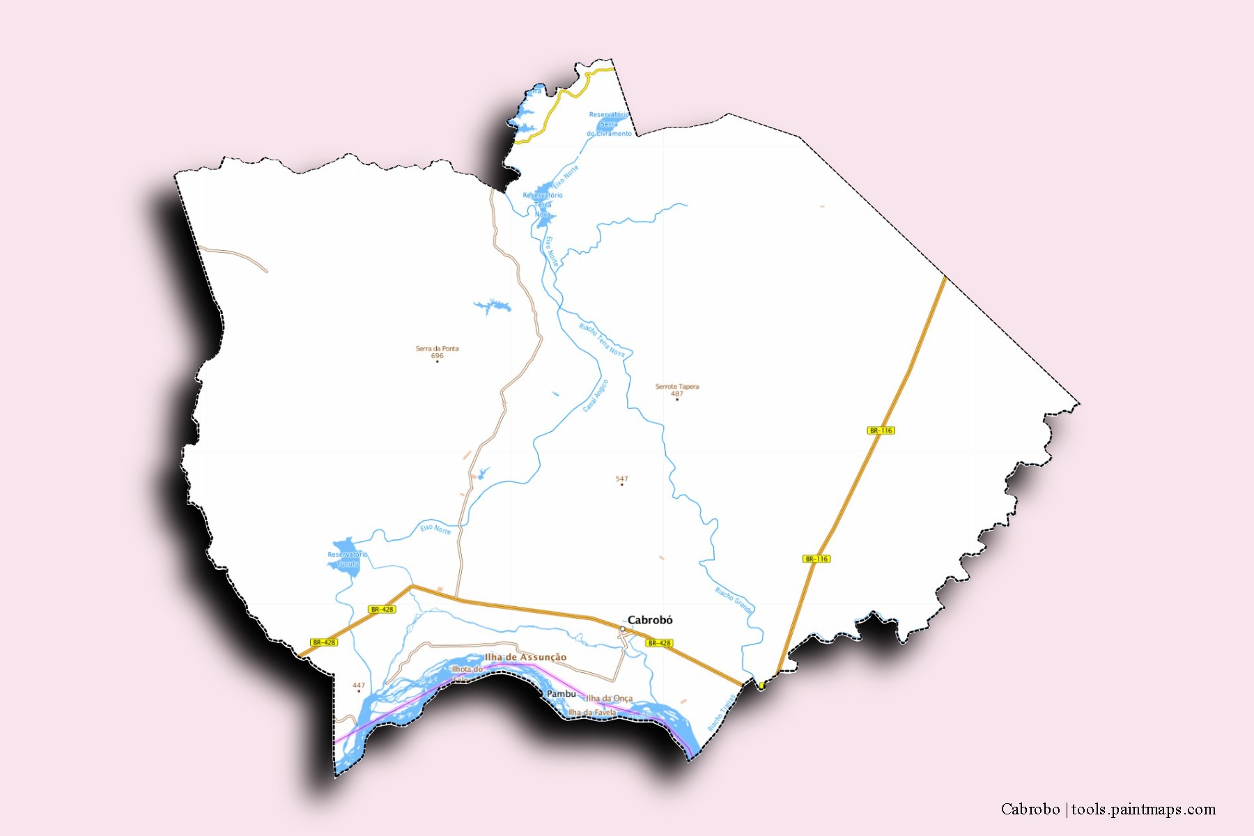 Cabrobo neighborhoods and villages map with 3D shadow effect