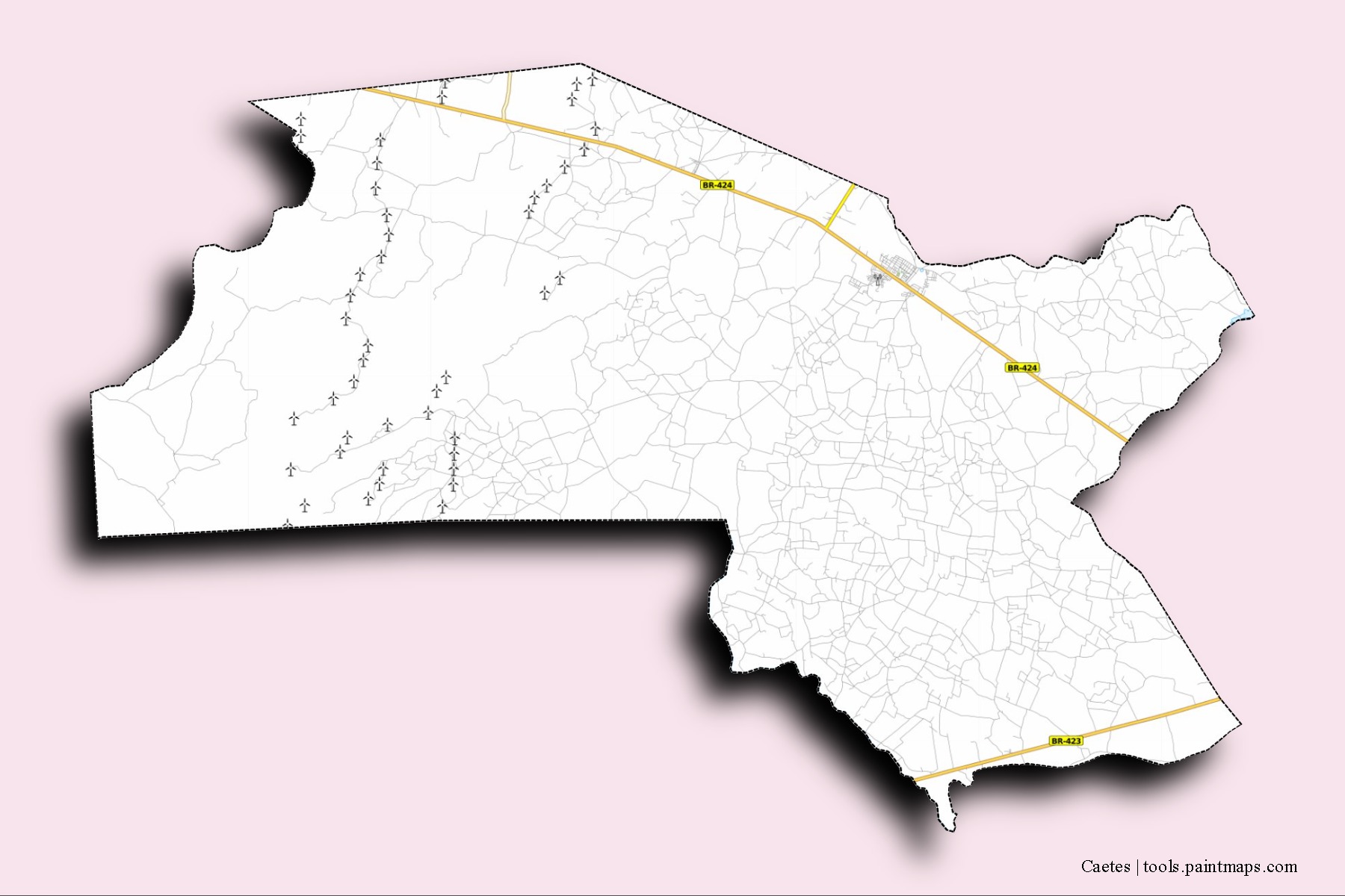 3D gölge efektli Caetes mahalleleri ve köyleri haritası